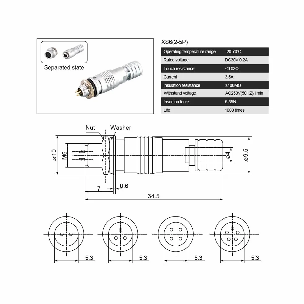 XS6 Mini Aviation Wtyk Gniazdo 6 mm szybkie złącze złącza do dokowania złącza do dokowania,XS6-3PIN