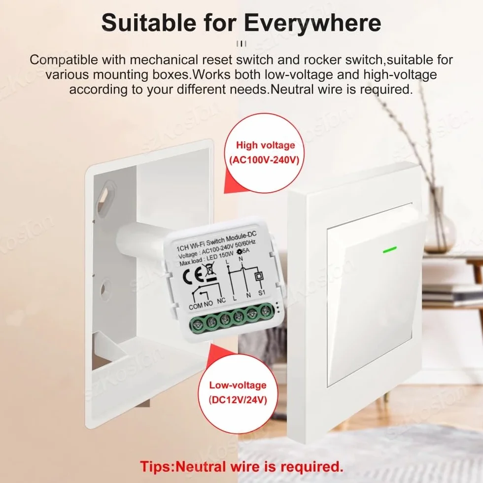 Tuya Smart Life WiFi przekaźnik moduł przełączający 1-kanał DC12V 24V AC100-240V kompatybilny z Alexa Google Home