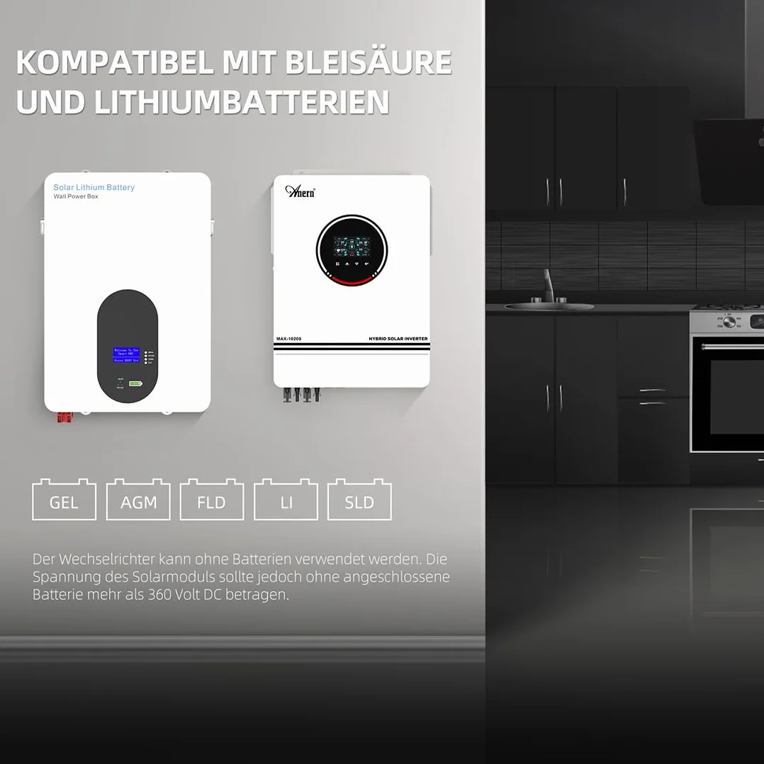 Anern 10.2kw Hybrydowy Falownik Solarny 48VDC do AC 230V z Regulatorem Solarnym MPPT 180A, Wejście PV Max 500V Inwerter Wejście 2PV/Wyjścia 2AC Działa z Bateriami lub Bez