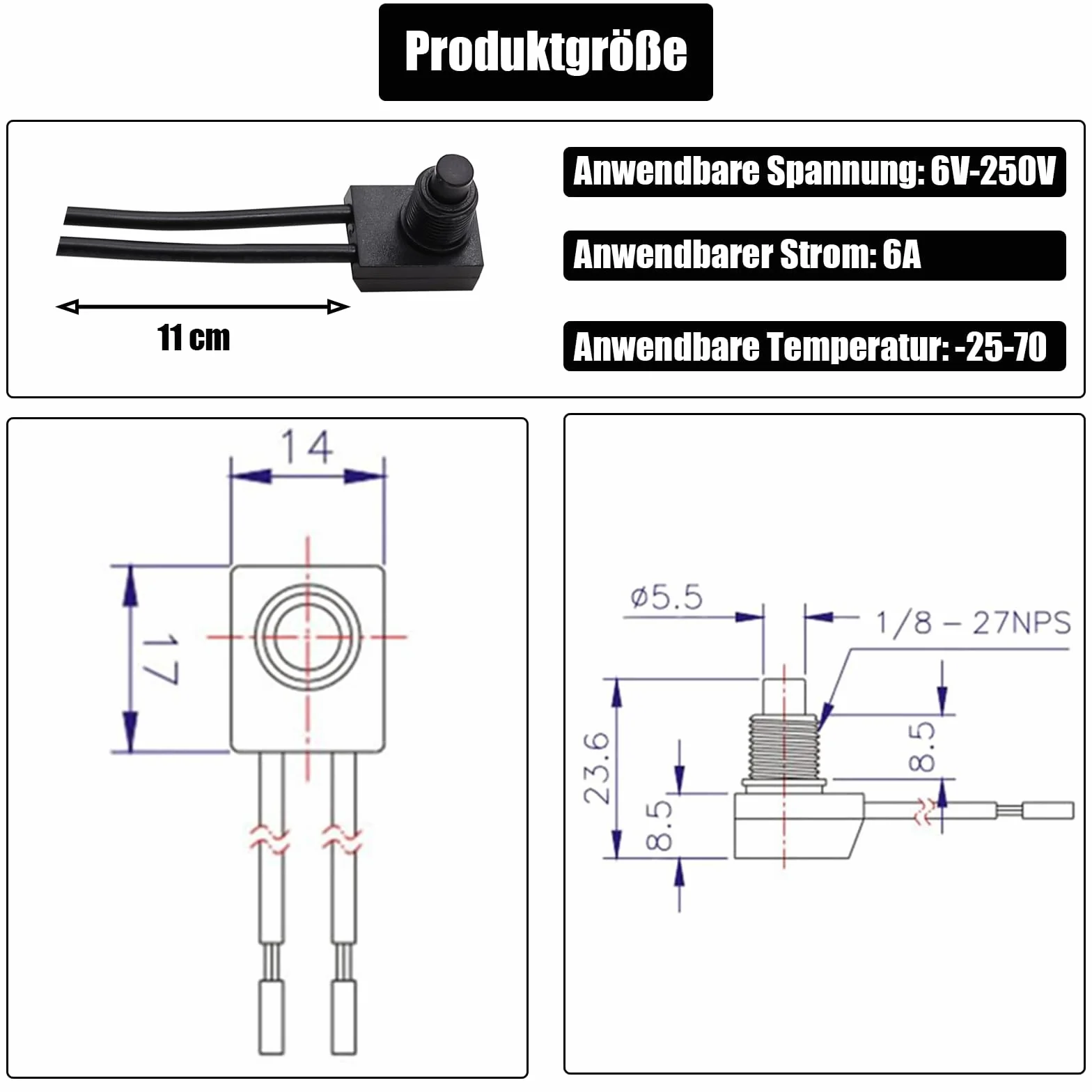 Powice 2 x mini przełącznik z drutem 0-250 V/6 A, okrągły, samozabezpieczający 2-biegunowy mikroprzełącznik 12 V, mikroprzełącznik z wodoodporną pokrywą, przycisk 12 V/6 A, nadaje się do montażu w