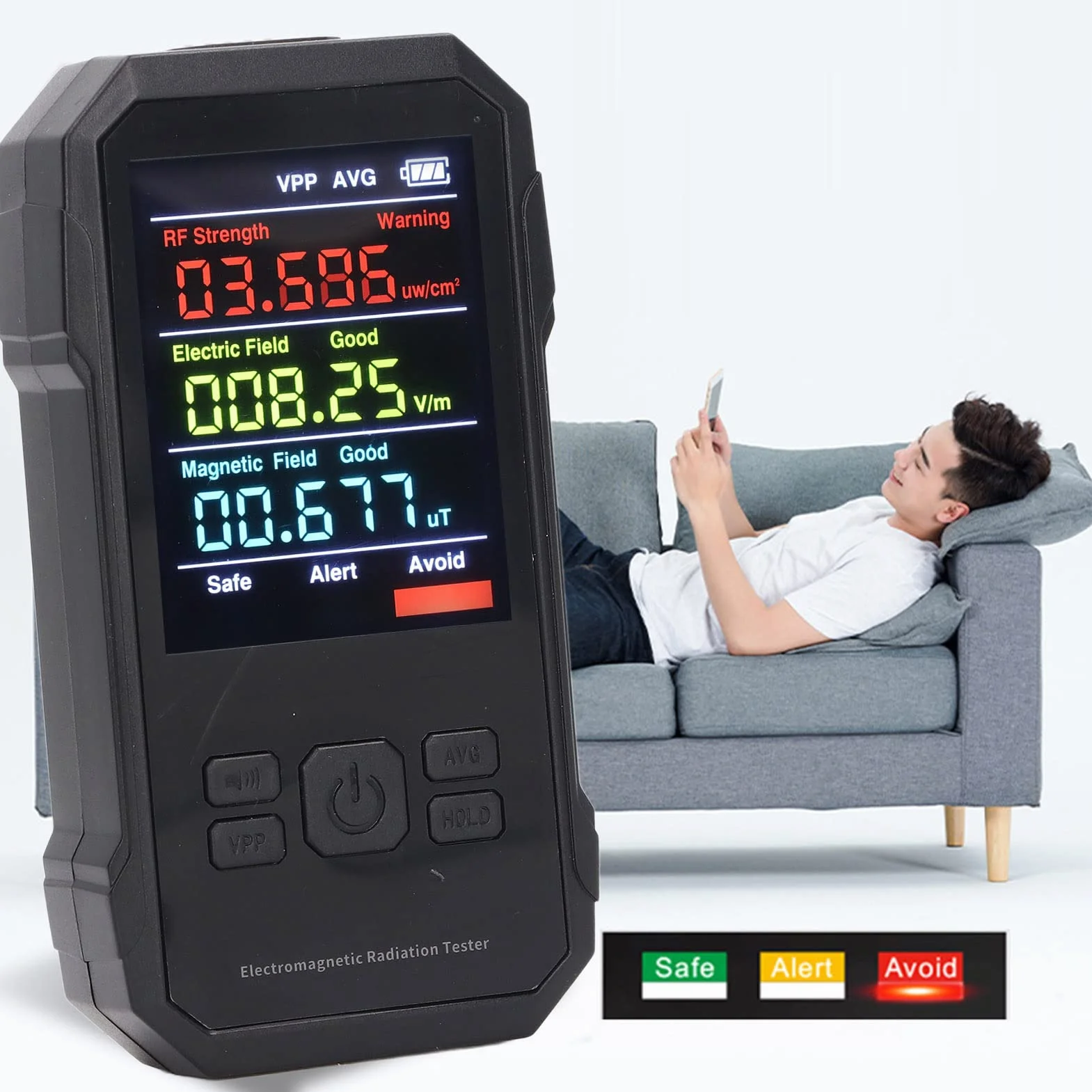 Ręczny Detektor Promieniowania, Cyfrowy Licznik Geigera Monitor Promieniowania RF Tester Promieniowania Elektromagnetycznego Ręczny Miernik Promieniowania dla Domu, Biura, Fabryki (Czarny)