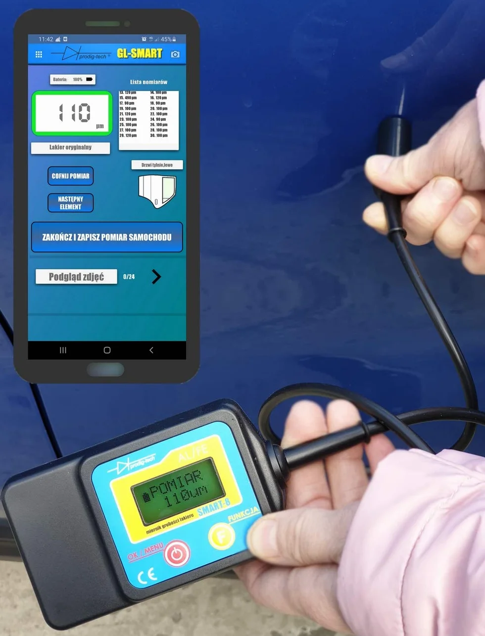 Miernik grubości lakieru GL-SMART-S Aplikacja mobilna Android iOS Sonda przewodowa dociskowa Stal ocynkowana aluminium