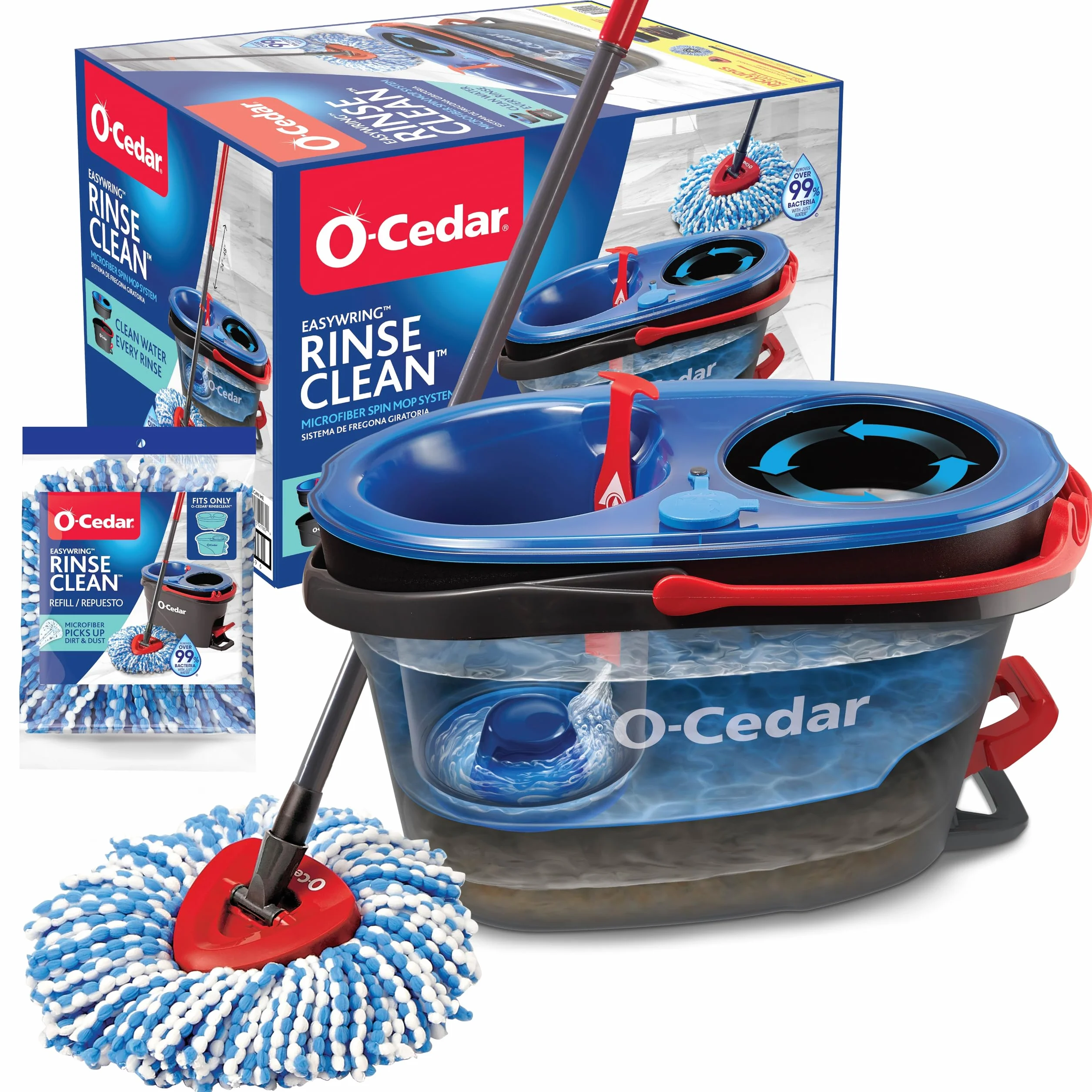 O-Cedar RinseClean Spin Mop & Bucket System + 1 dodatkowa głowica mopa | Czyść czystą wodą | Usuwa 99% bakterii