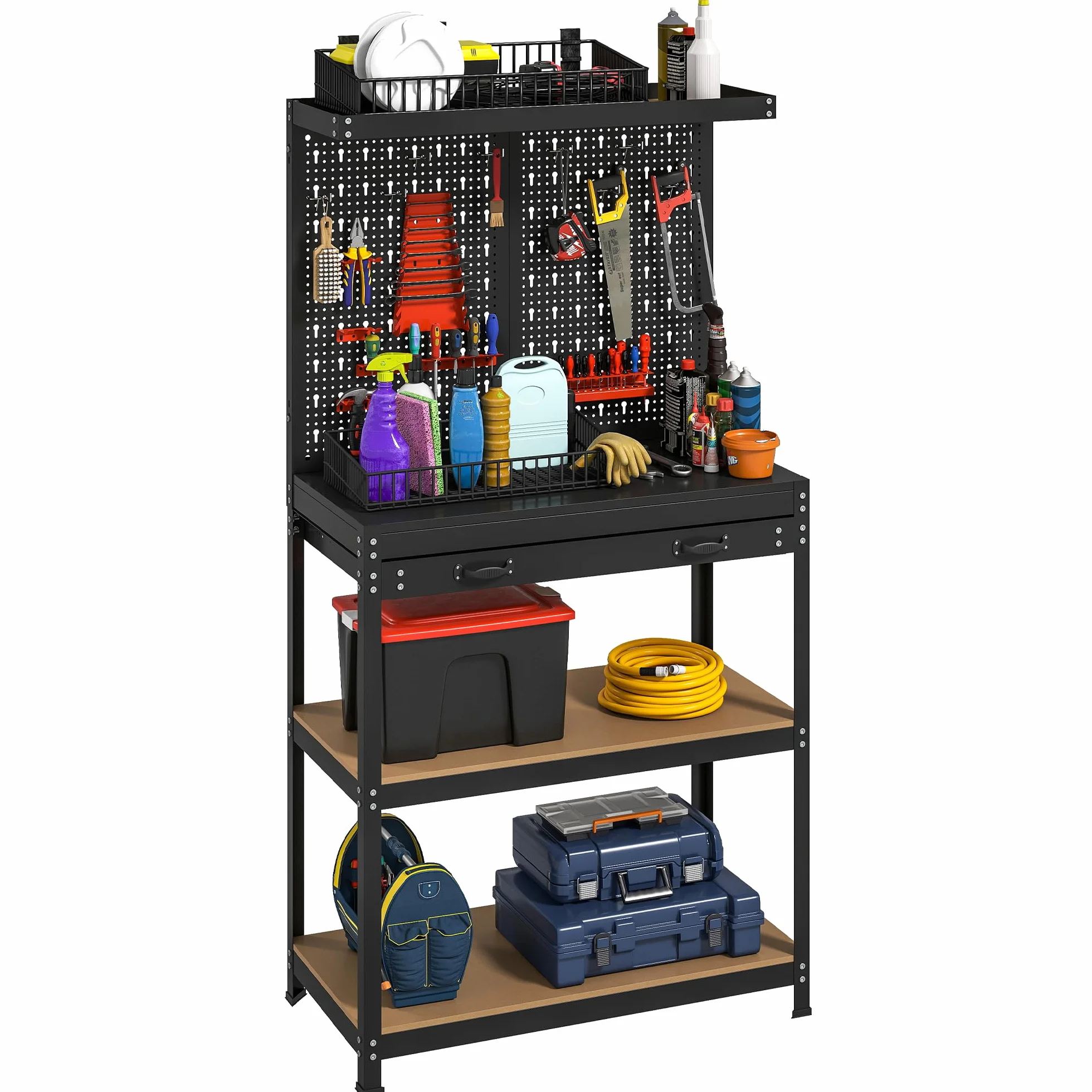 HOMCOM Stół warsztatowy 80 x 40,5 x 155 cm, stół narzędziowy z perforowaną ścianką, haczykami, szufladą, 2 półkami, stół roboczy, nośność 240 kg, stół warsztatowy z metalu, do warsztatu, czarny