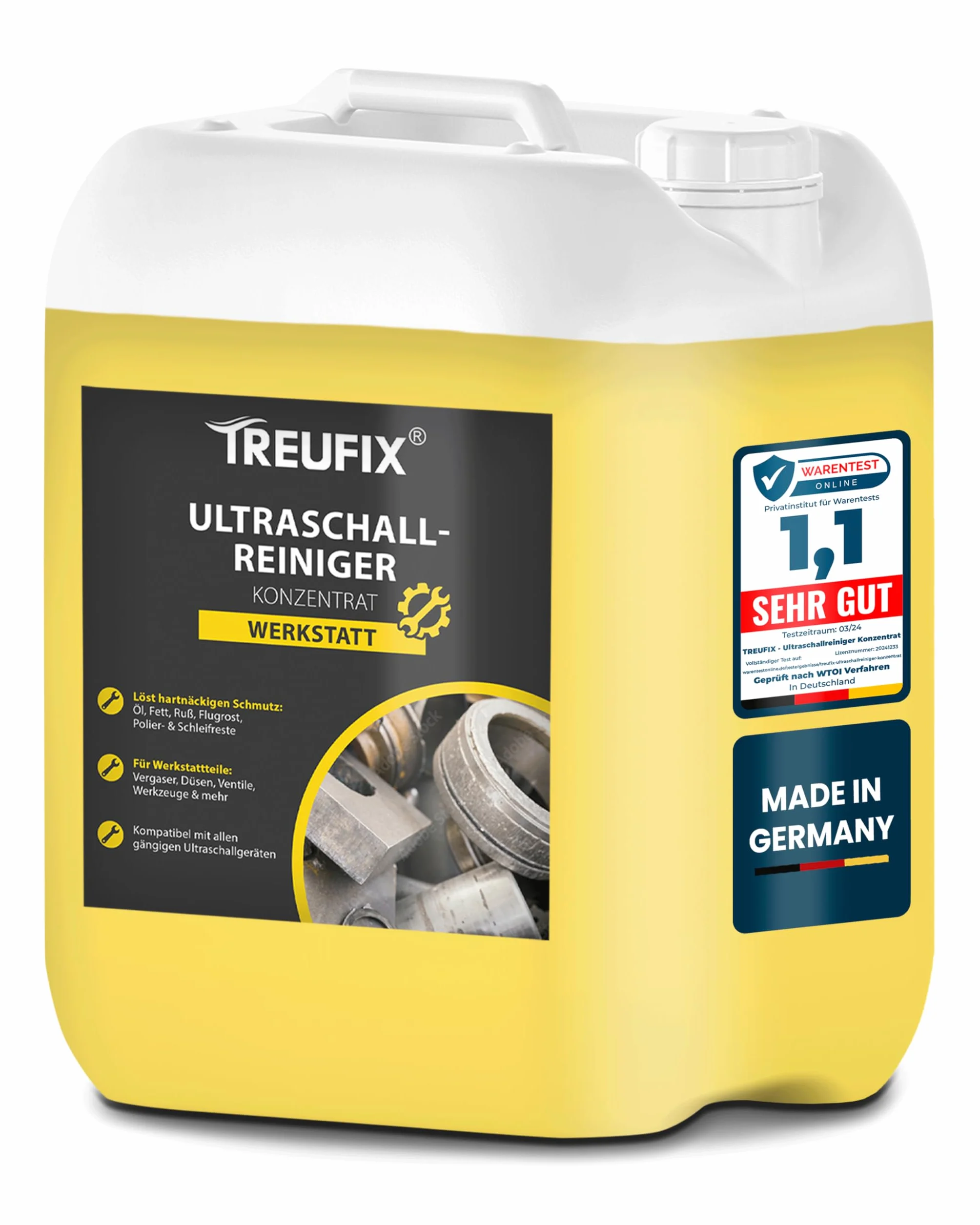 Treufix Koncentrat do czyszczenia ultradźwiękowego, 5 l, do gaźników, dysz wtryskowych, części silnika – odporny na olej, tłuszcz, sadzę – chroni materiał i efektywność – Made in DE