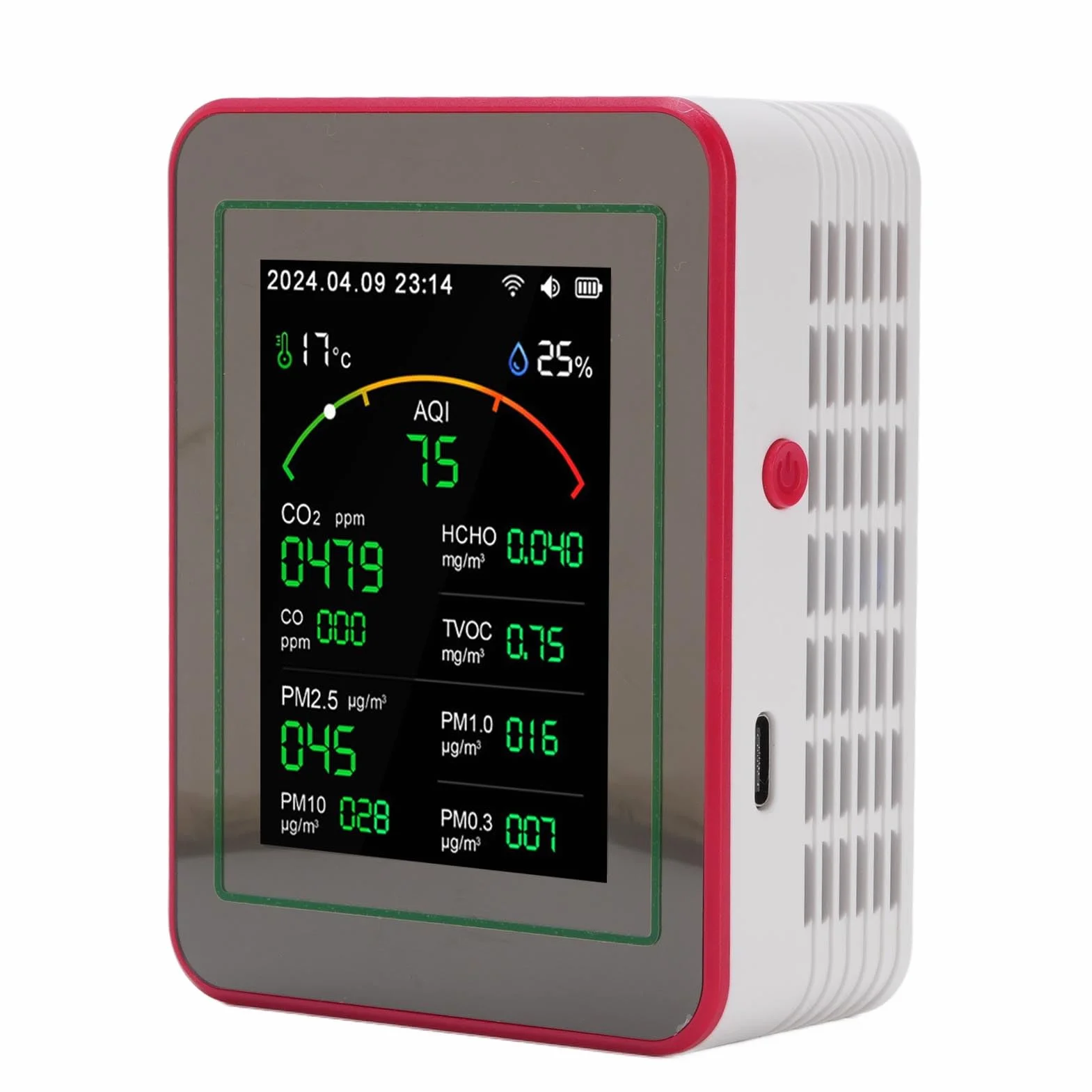 Monitor Jakości Powietrza Wi-Fi 15W, Przenośny Detektor CO2 TVOC HCHO PM2.5, Wilgotność Temperatura, Wyświetlacz LCD 2,8 cala (czarny + czerwony)