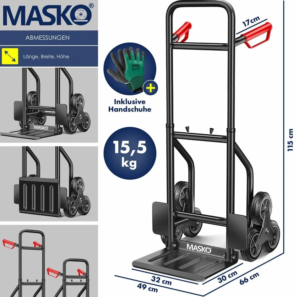 MASKO® Wózek transportowy 200 kg, wózek transportowy do wspinania się po schodach, składany wózek do transportu po schodach, opony z twardej gumy, uchwyty z tworzywa sztucznego, stalowa rama