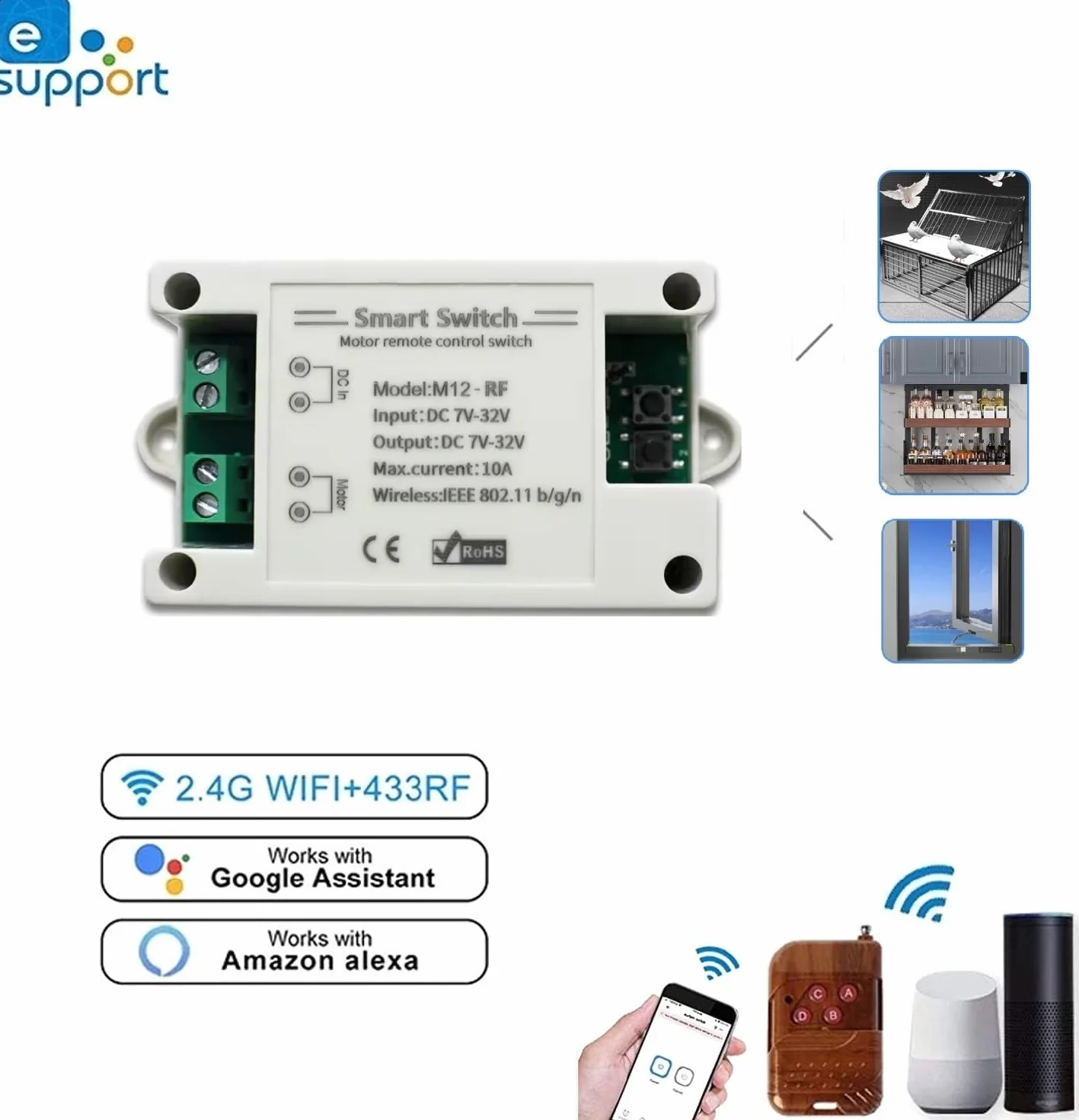Inteligentny przekaźnik WiFi, DC 7-32V, 10A, sterowanie do przodu i do tyłu dla napędu liniowego, kompatybilny z aplikacją eWeLink, integracja z Alexa