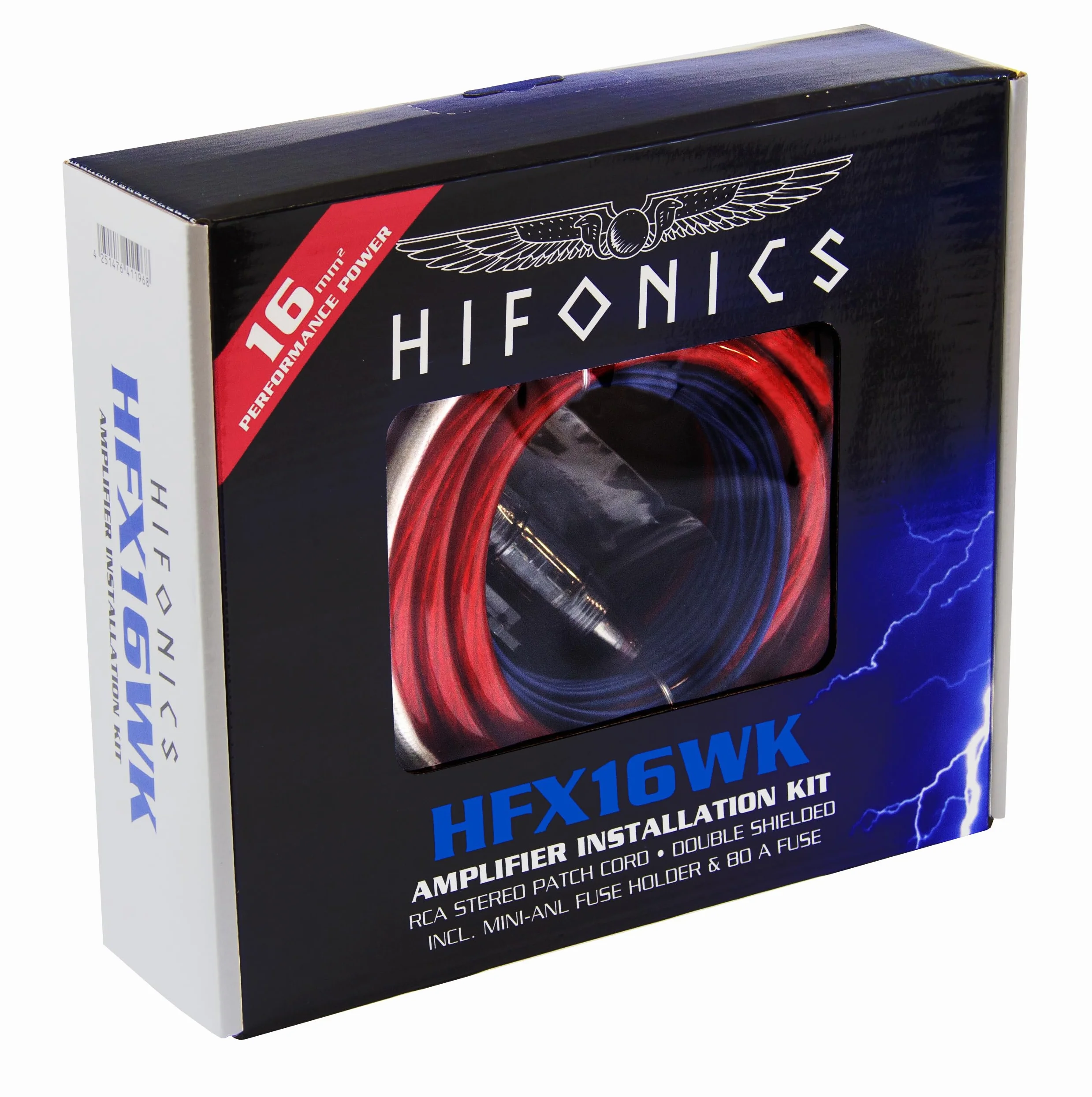 Hifonics HFX16WK zestaw instalacyjny 16 mm² z pozłacanymi końcówkami i bezpiecznikiem 80 A Mini-ANL