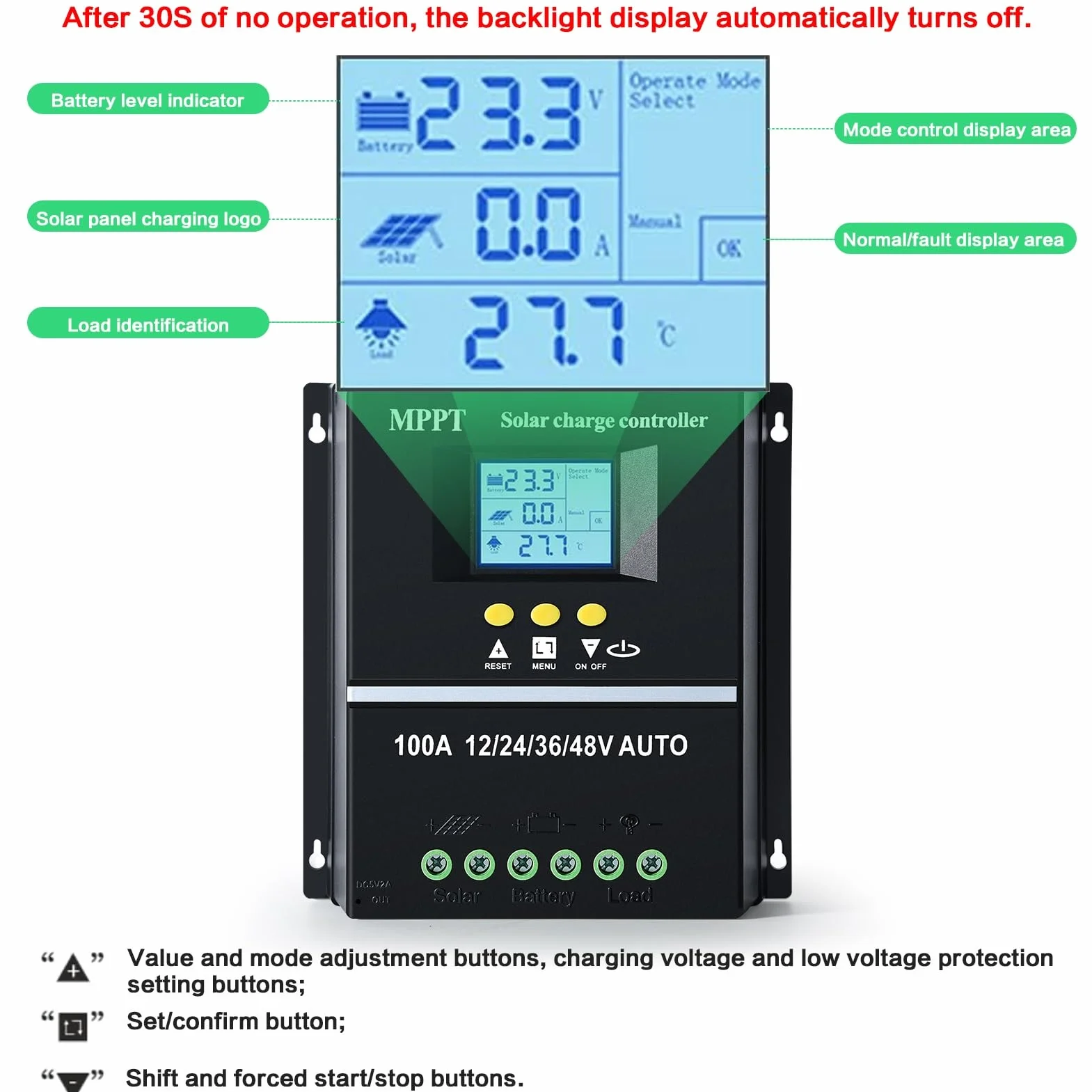 BuyWeek 100 A MPPT regulator ładowania 12 V 24 V 36 V 48 V inteligentny kontroler słoneczny z LCD i USB