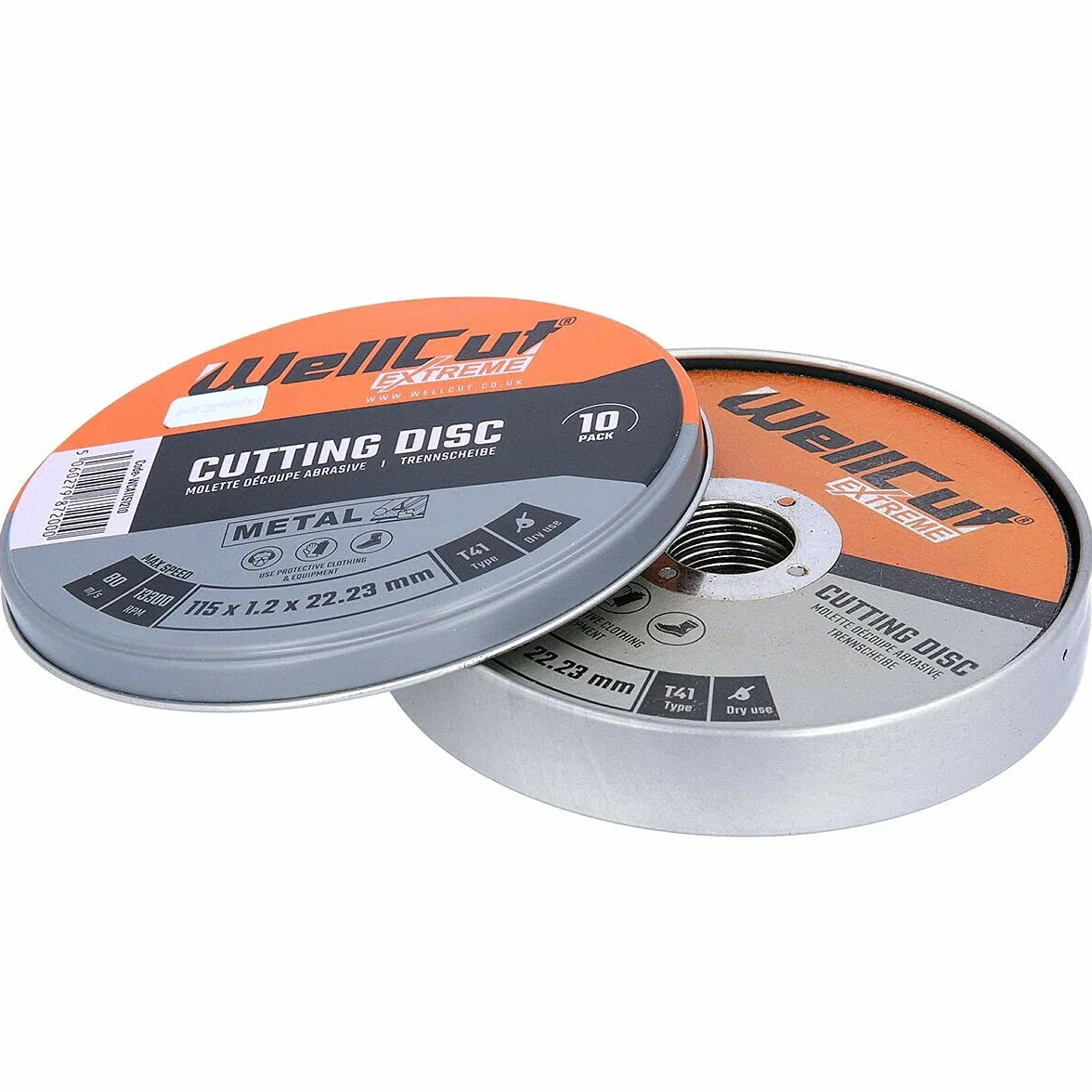 WELLCUT WCA1152-10 tarcza tnąca Extreme 115 mm 4,5 cala opakowanie 10 sztuk w metalowym pudełku do DGA452, DGA454, GA4530R (1), 115 x 1,2 x 22,23 mm