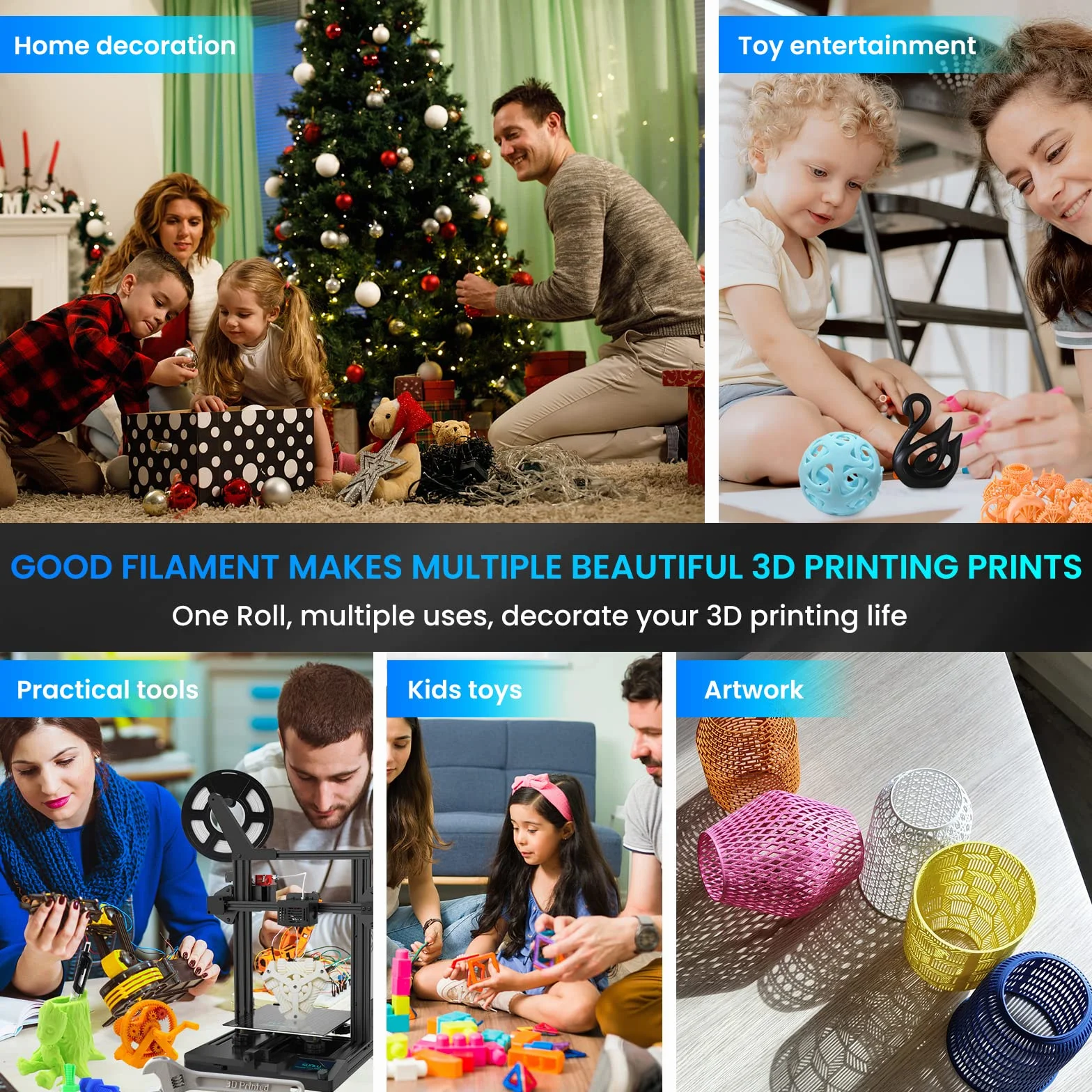 SUNLU Zestaw filamentów do drukarki 3D PLA, 1,75 mm, łącznie 2 kg, szpula 0,25 kg, 8 szpul po 250 g, czarny, przezroczysty, żółty, niebieski, zielony, fioletowy, czerwony, pomarańczowy