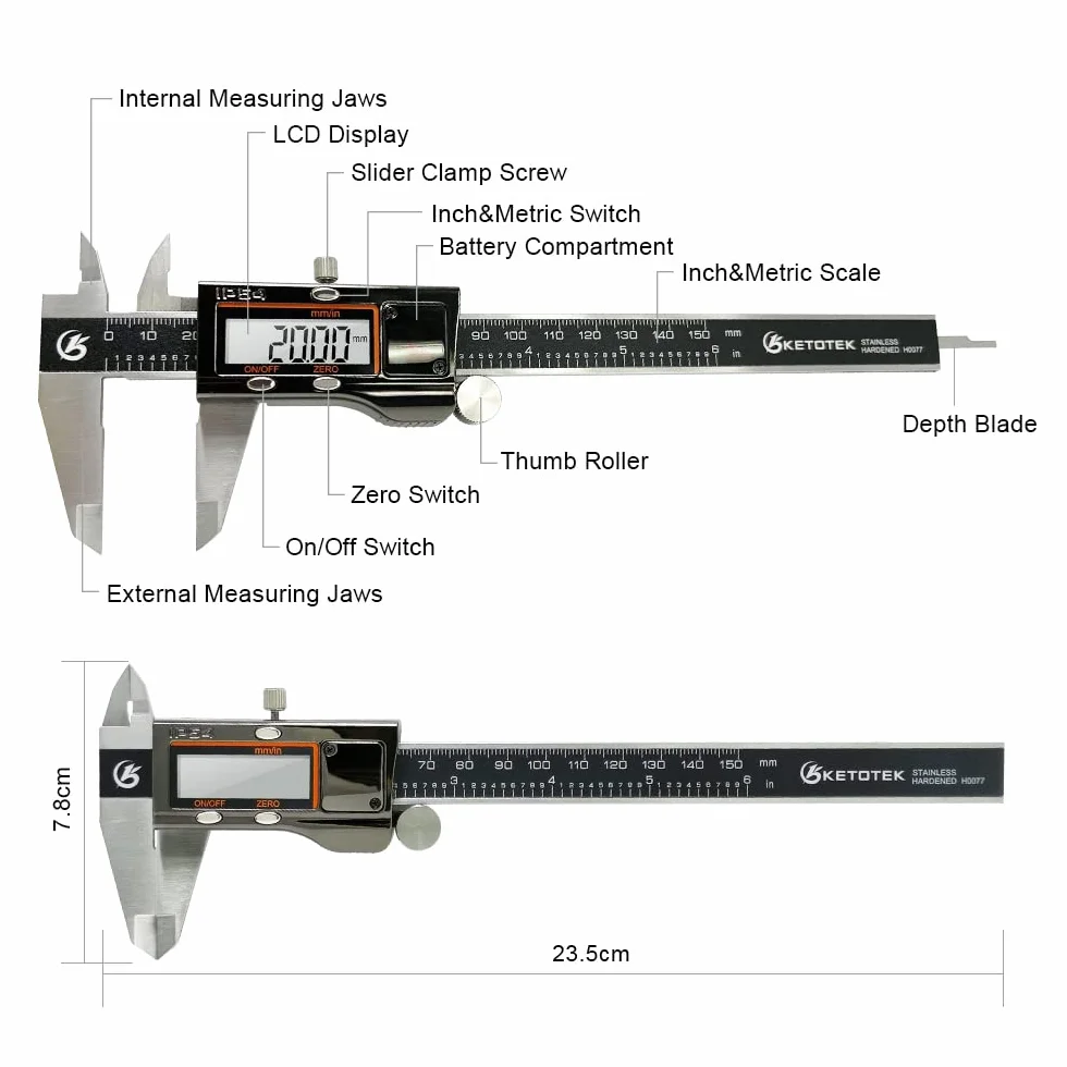 Suwmiarka cyfrowa KETOTEK Suwmiarka cyfrowa ze stali nierdzewnej, suwmiarka 150 mm / 6 cali z zapasową baterią
