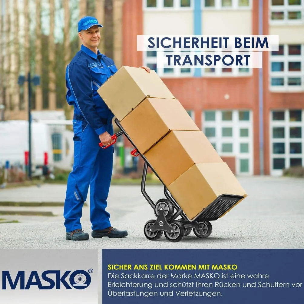 MASKO® Wózek transportowy 200 kg, wózek transportowy do wspinania się po schodach, składany wózek do transportu po schodach, opony z twardej gumy, uchwyty z tworzywa sztucznego, stalowa rama