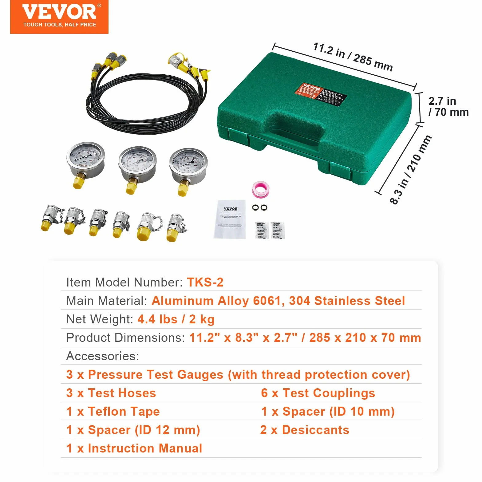 VEVOR Zestaw do testowania ciśnienia hydraulicznego 250/400/600 bar 3 manometry 6 stawów przenośna obudowa