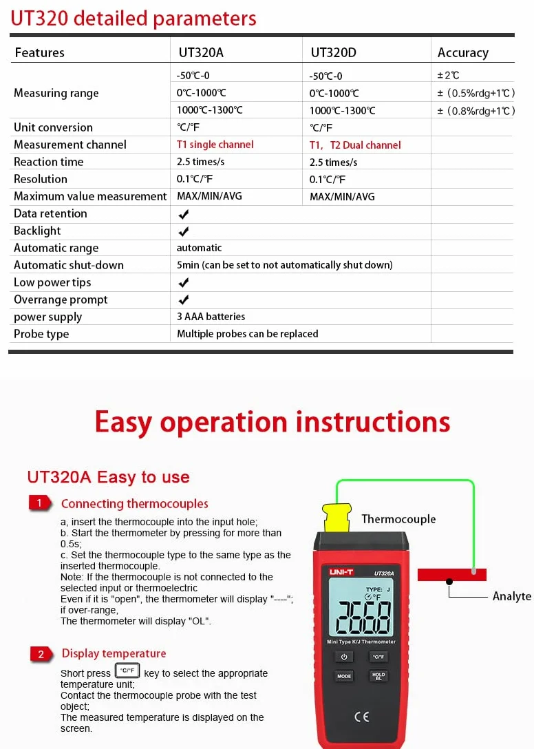 UT320D -50℃ ~ 1300℃ Mini dwukanałowy termometr termoparowy z podświetleniem LCD K/J z sondą
