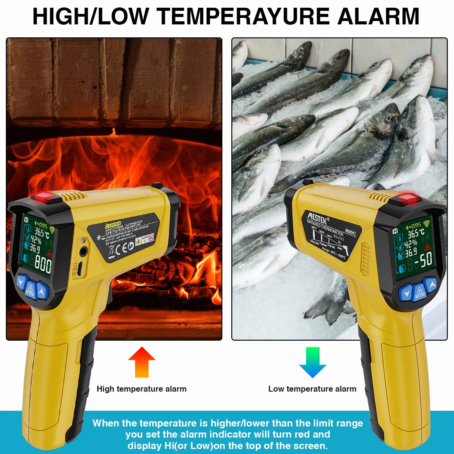 MESTEK Termometr na Podczerwień Pistolet Cyfrowy Laserowy 50℃~800℃ z K-Sondą Bezdotykowy LCD