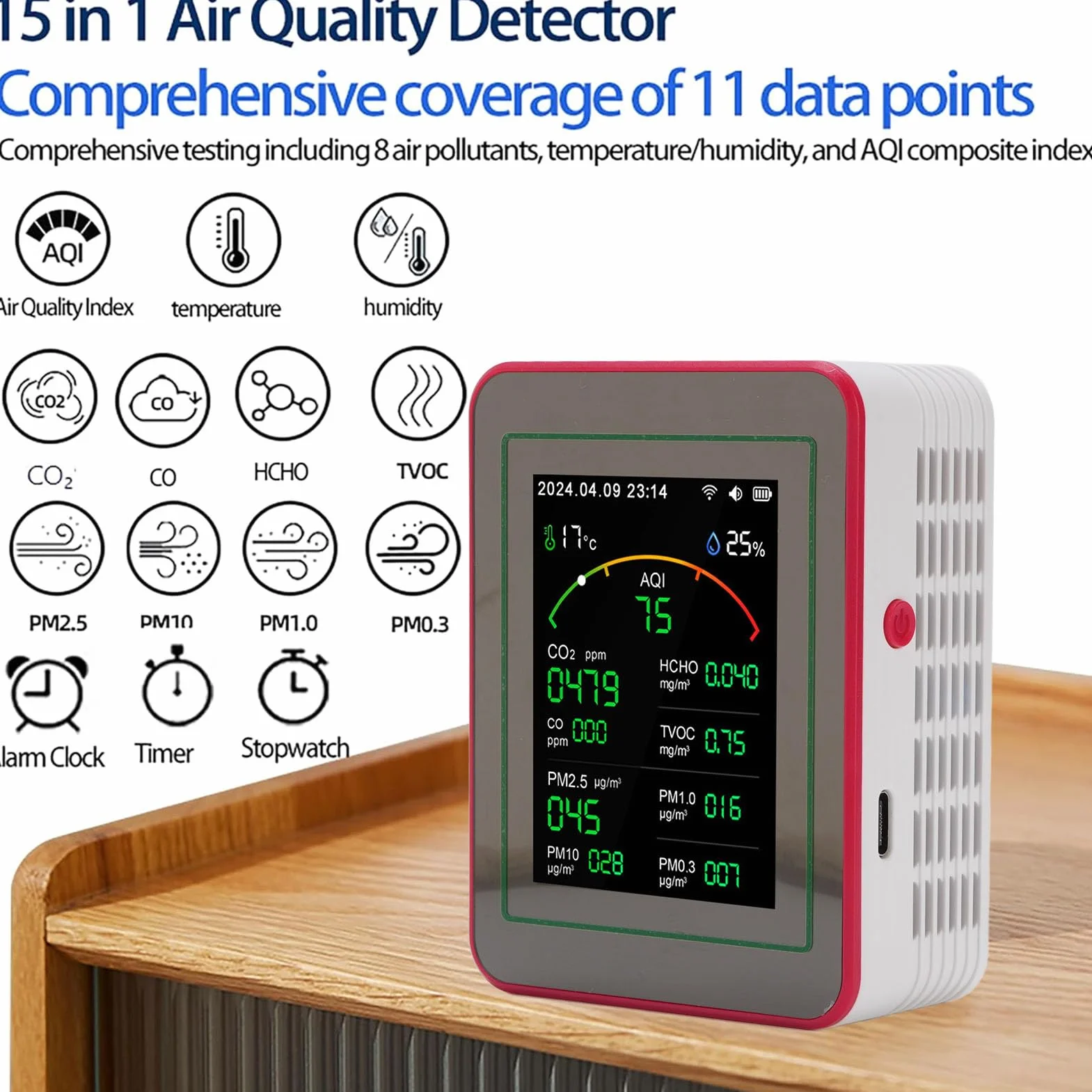 Monitor Jakości Powietrza Wi-Fi 15W, Przenośny Detektor CO2 TVOC HCHO PM2.5, Wilgotność Temperatura, Wyświetlacz LCD 2,8 cala (czarny + czerwony)