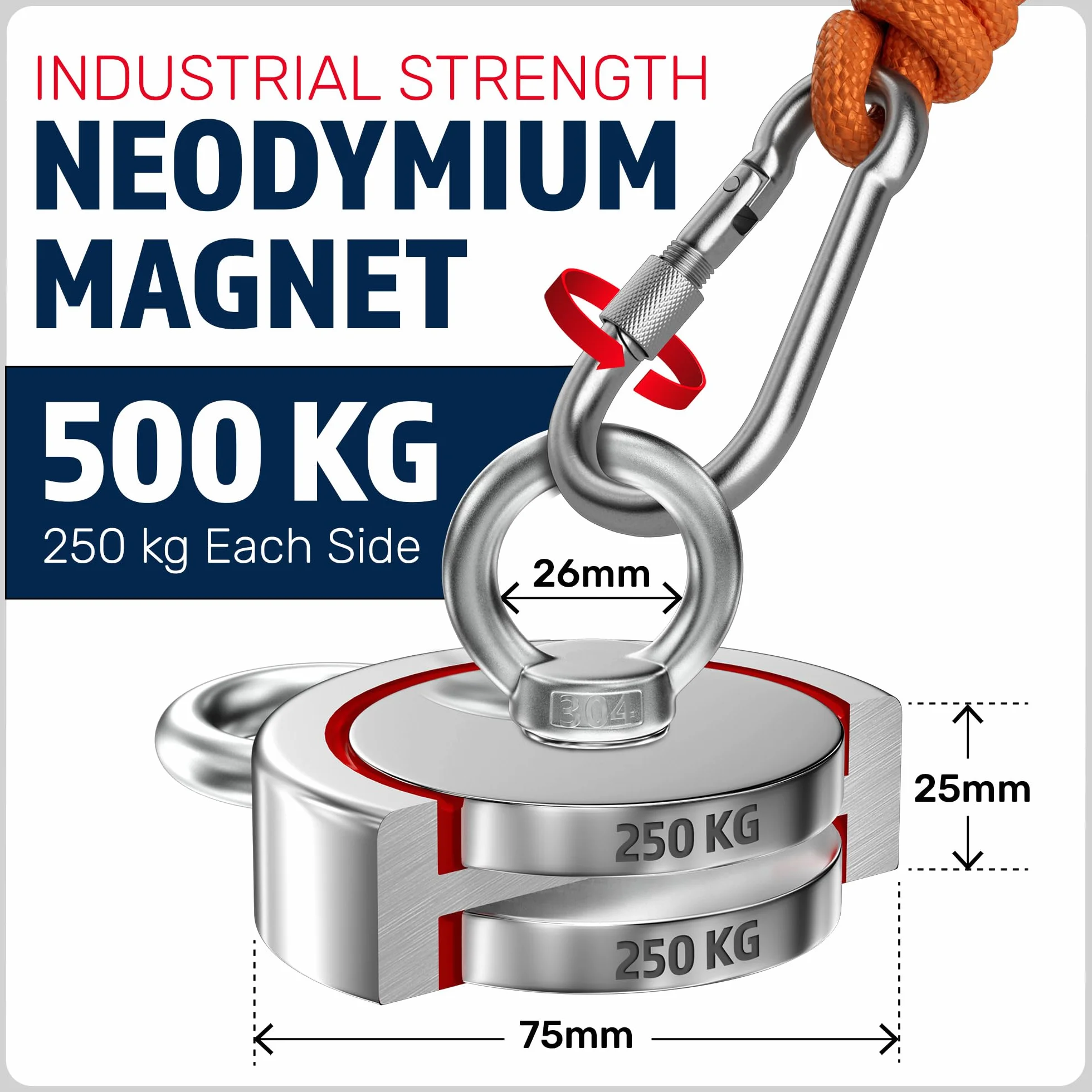 MAGFISHION Magnes Neodymowy Dwustronny Zestaw 500KG 2x250kg Ø75mm 20M Rękawice