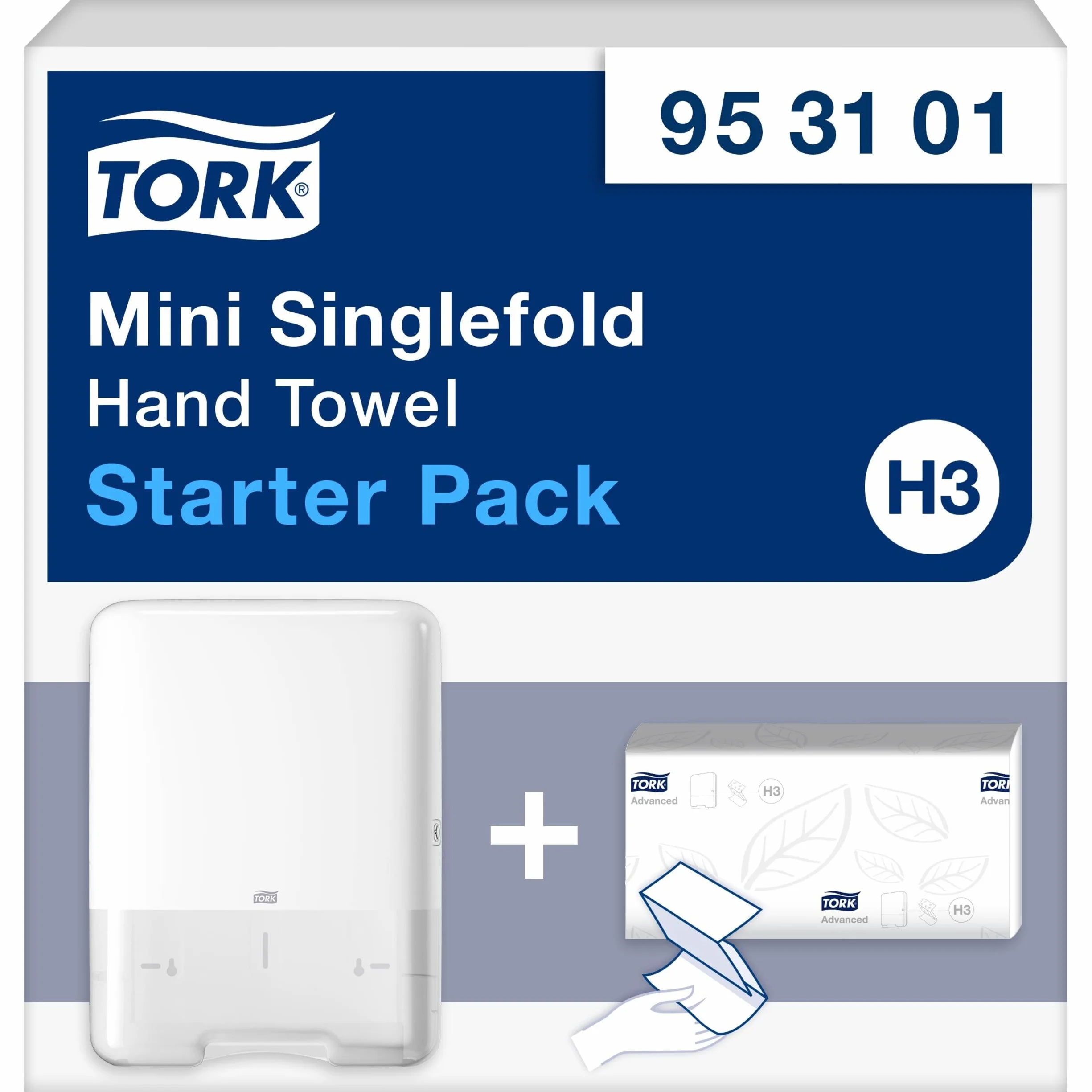 Tork Mini zestaw startowy ręczników do rąk z pojedynczym składaniem 953101, projekt obrazu - dozownik papieru H3 z pojedynczym/składanym w kształcie litery C + wkład do ręczników do rąk (250 arkuszy) - wąski, higieniczny, biały