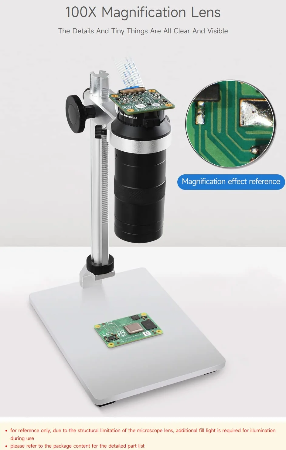 Waveshare Industrial Microscope Lens 100X C/CS-Mount Raspberry Pi HQ Camera