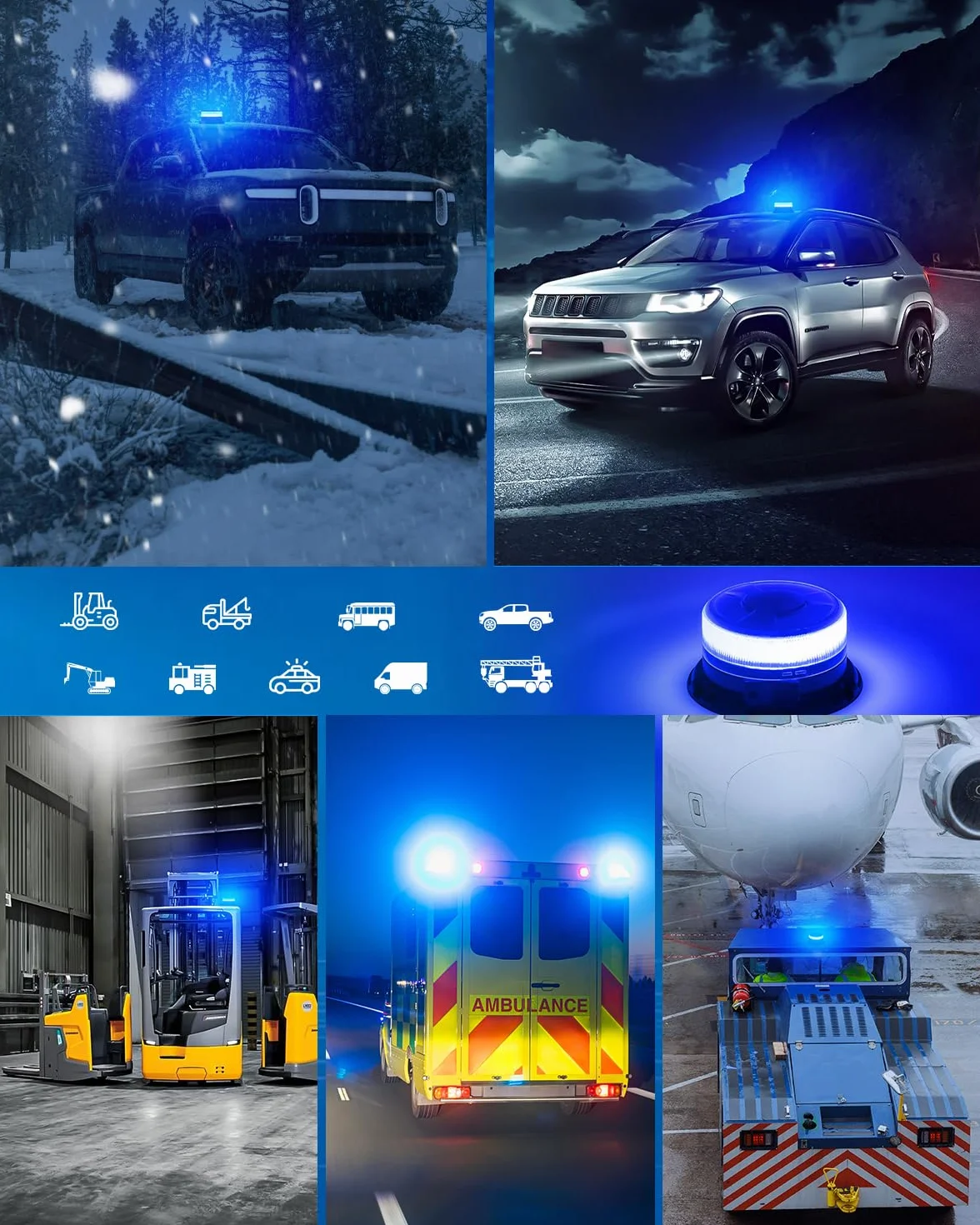 Dinfu Niebieskie światło ostrzegawcze LED 12V akumulator z pilotem 9 trybów magnes