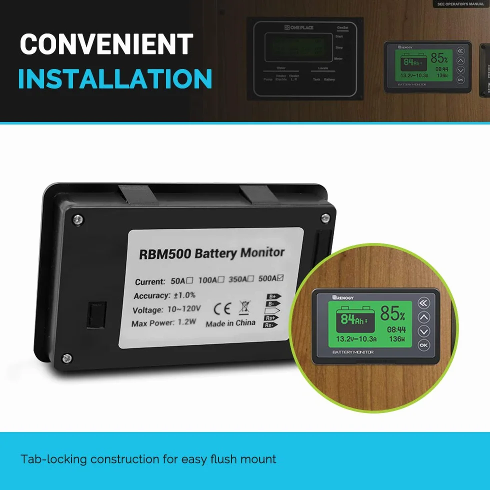 Renogy Czujnik baterii 500 A 12 V 24 V 36 V 48 V monitor baterii programowalny alarm napięcia LiFPO4 AGM żelowe