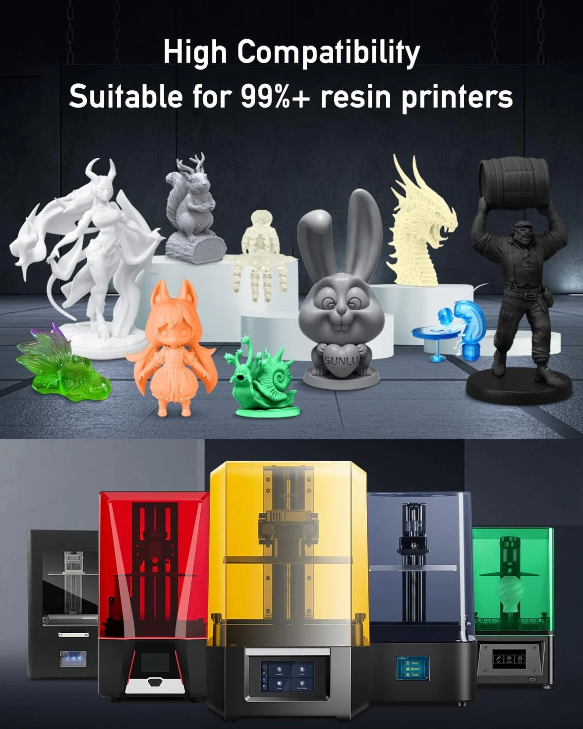 SUNLU Żywica ABS-Like do drukarki 3D 1KG, szybka żywica utwardzająca UV 405 nm do druku 3D LCD/DLP/SLA, niekruche i wysoka precyzja, szary 1000g