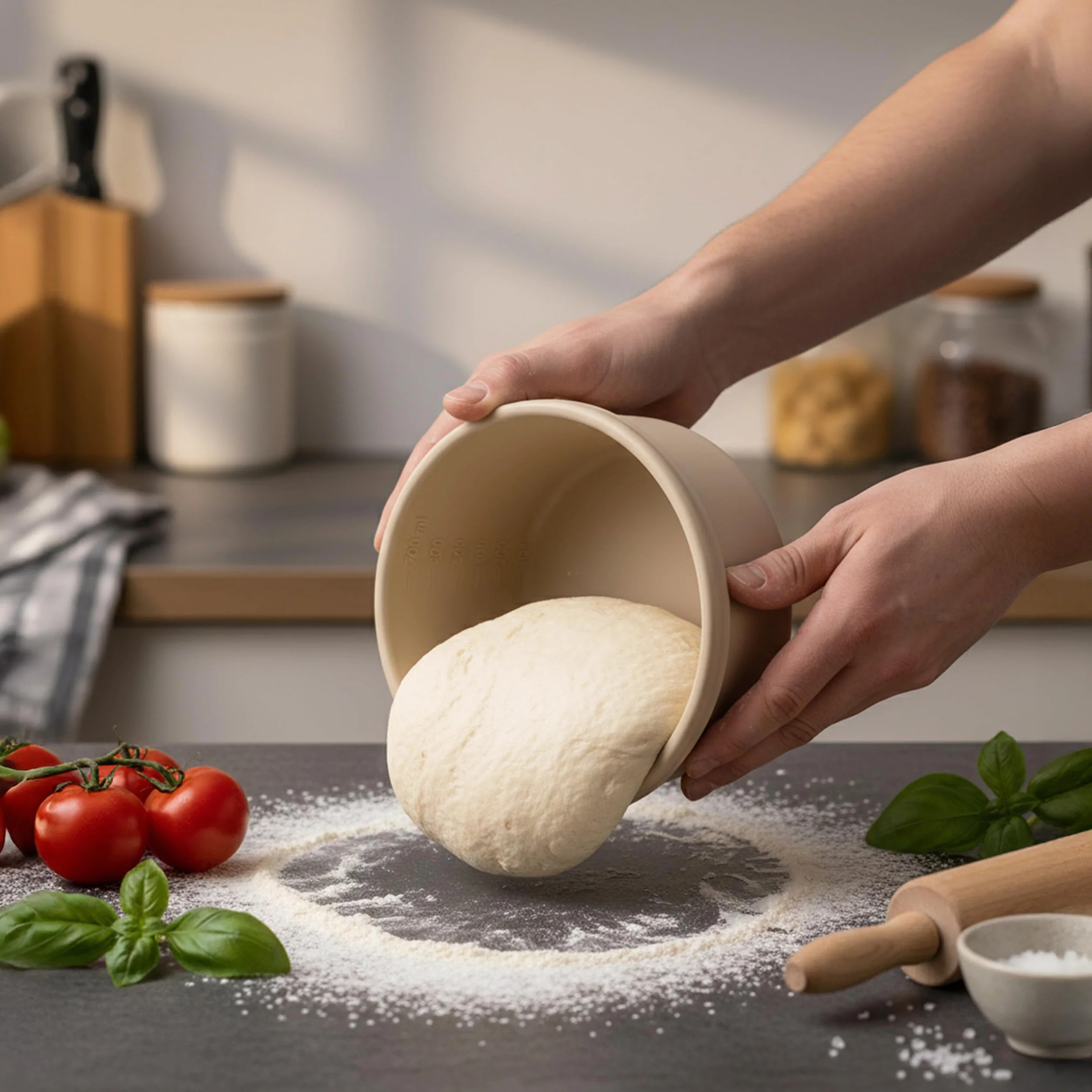 Relaxdays Pudełko na kulki do pizzy, zestaw 4 sztuk, silikon, do 350 g ciasta, odporne na zamrażanie, wys. x śr.: 6,5 x 14,5 cm, pudełko na ciasto z pokrywką, beżowe