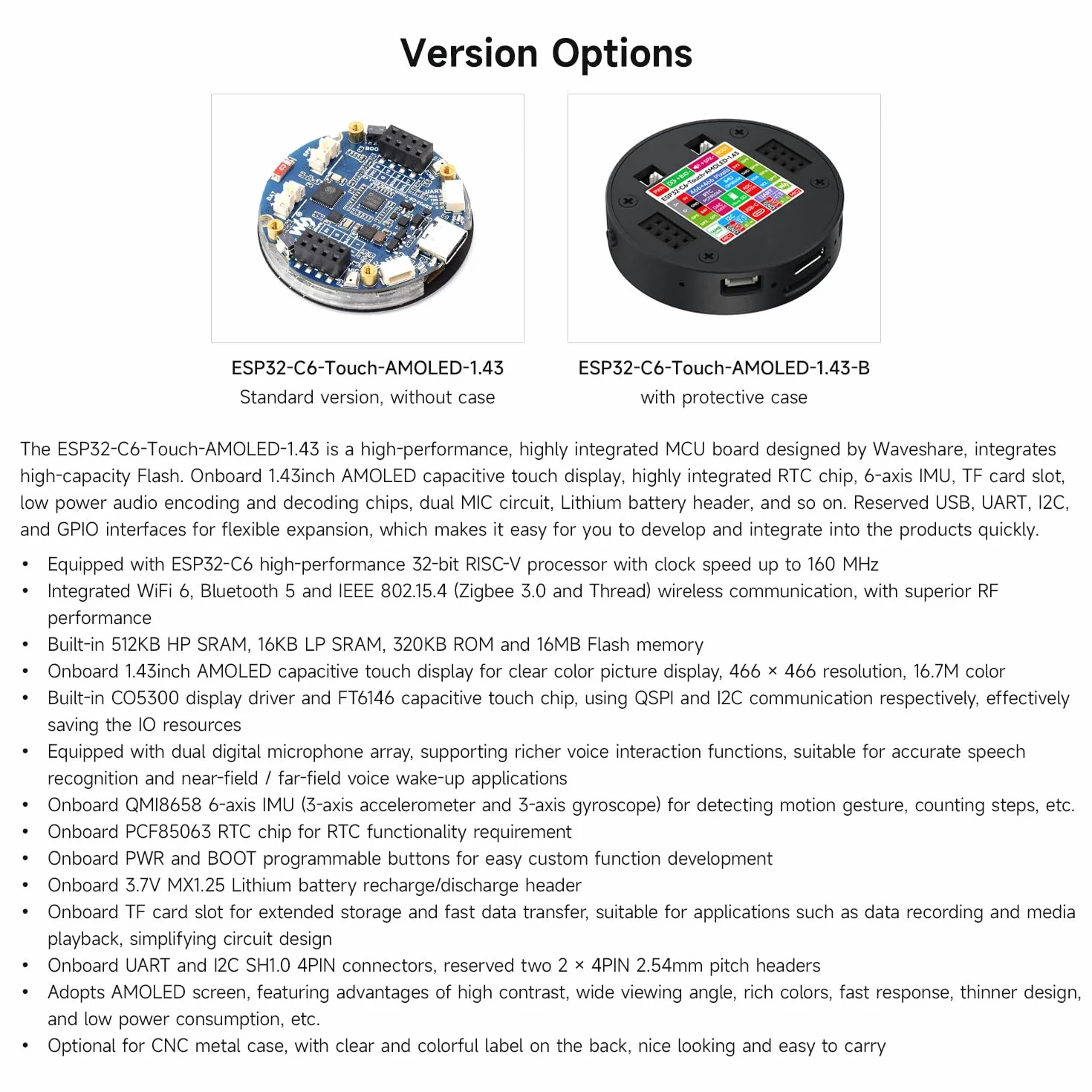 Waveshare ESP32-C6 1.43inch AMOLED Round Touch Display Development Board 160MHz RISC-V 466x466