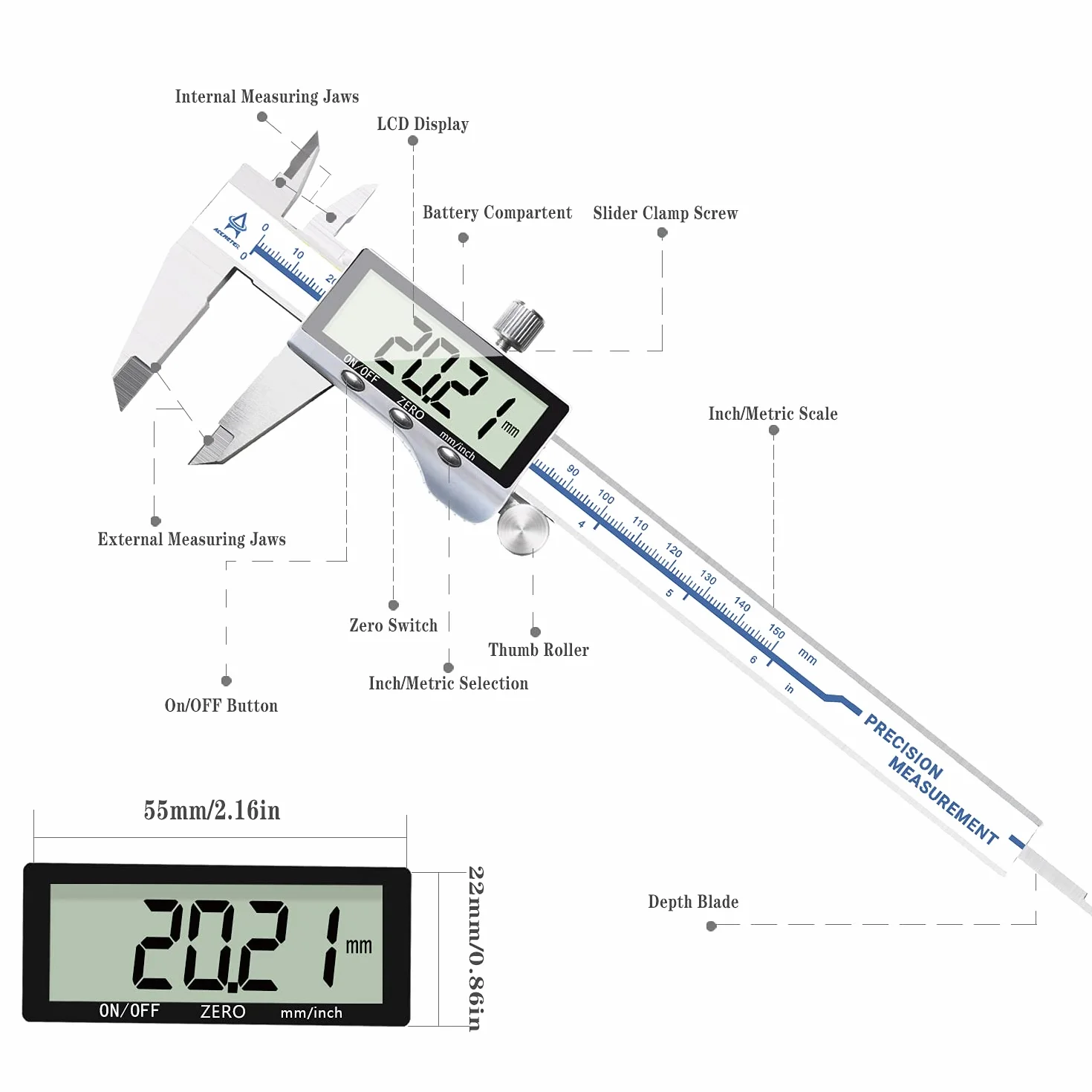 Suwmiarka cyfrowa, ACEMETER narzędzie pomiarowe suwmiarki 6-calowy mikrometr elektroniczny, ekran LCD ze stali nierdzewnej, regulowana dokładność 0,01 mm, konwersja kciuka/milimetr