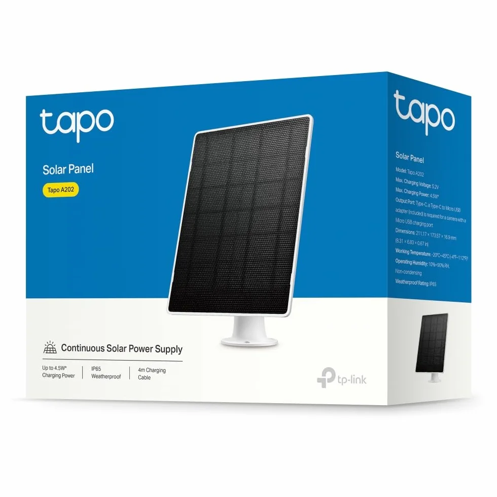 Tapo Panel słoneczny A202 4,5 W, 5,2 V, odpowiedni do baterii Tapo kamery, elastyczna instalacja, ładowanie o wysokiej wydajności, IP65, regulowany 360°, kabel do ładowania 4 m