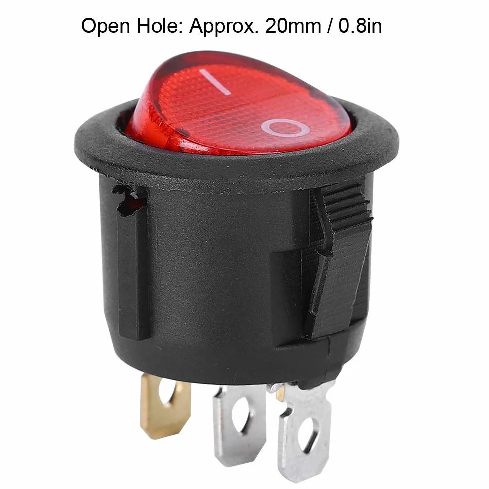 10 Sztuk AC 6A/250V 10A/125V Przełącznik Kołyskowy, Przełącznik NilightRocker 3Pin Okrągły Snap Rocker Przełącznik łodzi Czerwone światło Używane do Przełączników Sprzęt Agd