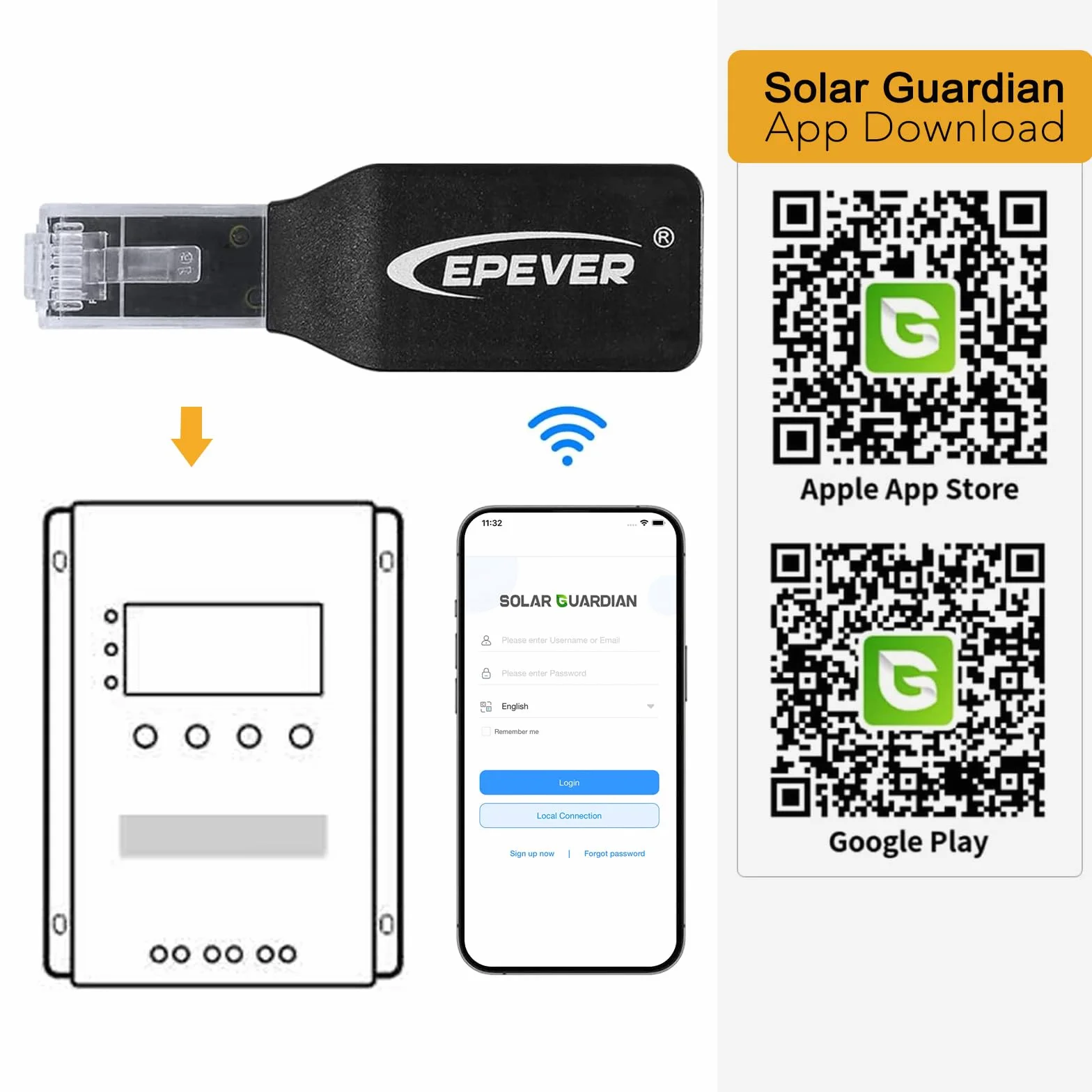 EPEVER® Adapter WiFi 2,4 GHz RJ45 D – Moduł WLAN do monitorowania regulatorów ładowania MPPT i PWM przez aplikację SolarGuardian
