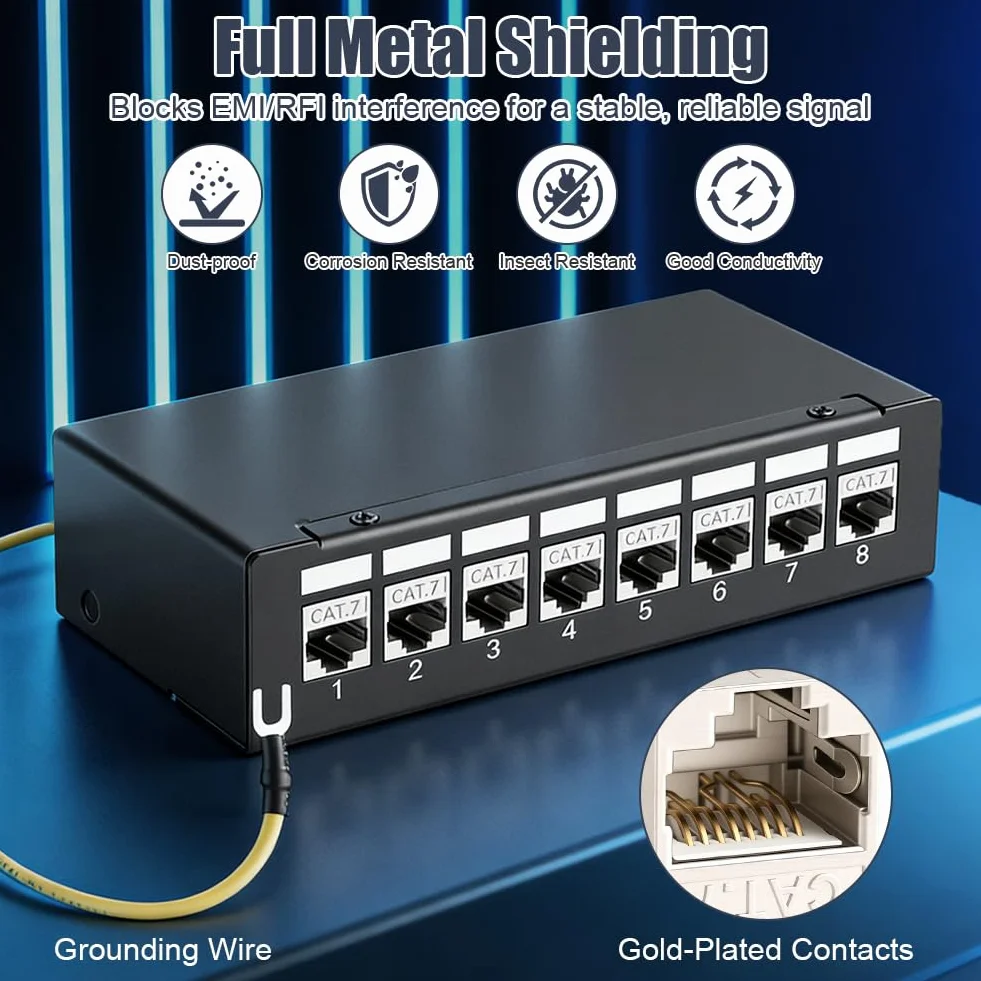 AXFEE Panel krosowy CAT 7, 8-portowy panel krosowy z modułem 8X RJ45 Keystone Jack Modul, zestaw paneli krosowych 10 Gb/s, panel krosowy kompatybilny z CAT6 CAT6a CAT7, kabel instalacyjny, kabel