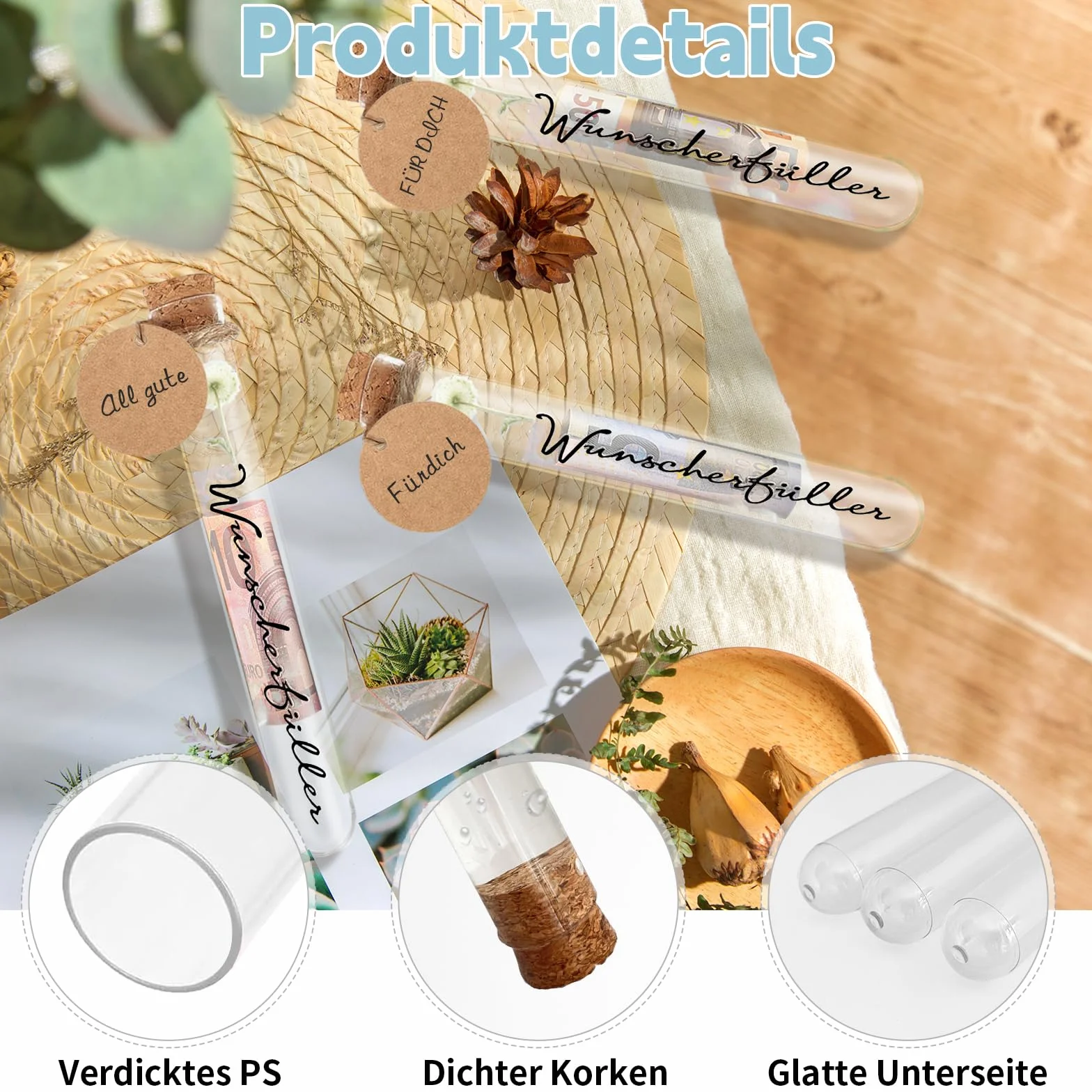 Wypełniacz życzeń, prezent pieniężny, wysokiej jakości probówka z korkiem, prezenty pieniężne, prezenty urodzinowe, 6 sztuk probówek z korkiem i wypełniaczem życzeń, naklejki na prezenty chrzcinowe