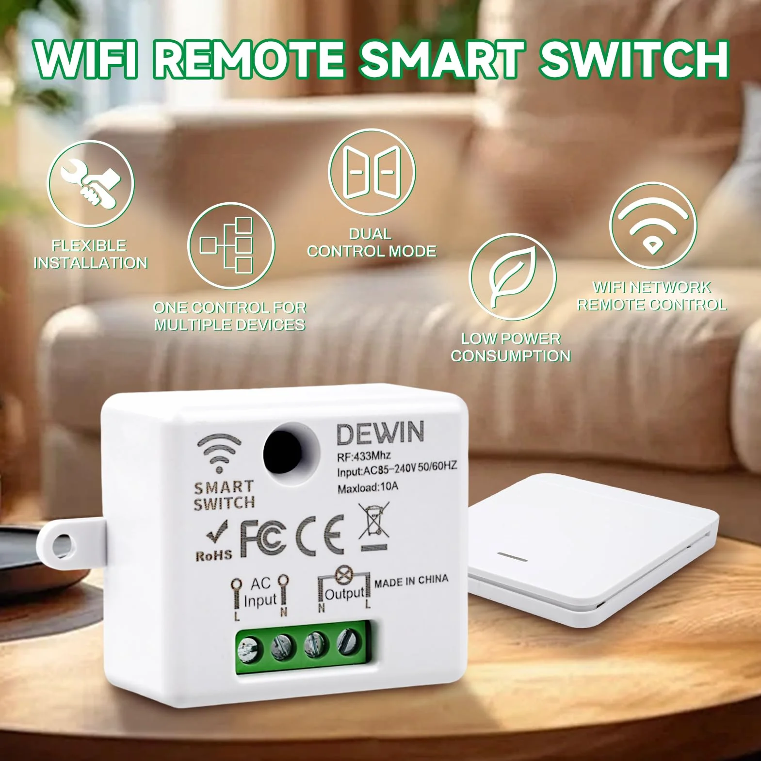 DEWIN Przełącznik radiowy, Smart Switch, zestaw z pilotem zdalnego sterowania 433 MHz, bezprzewodowy kontroler AC 85-240 V, 10 A, mini moduł przekaźnika