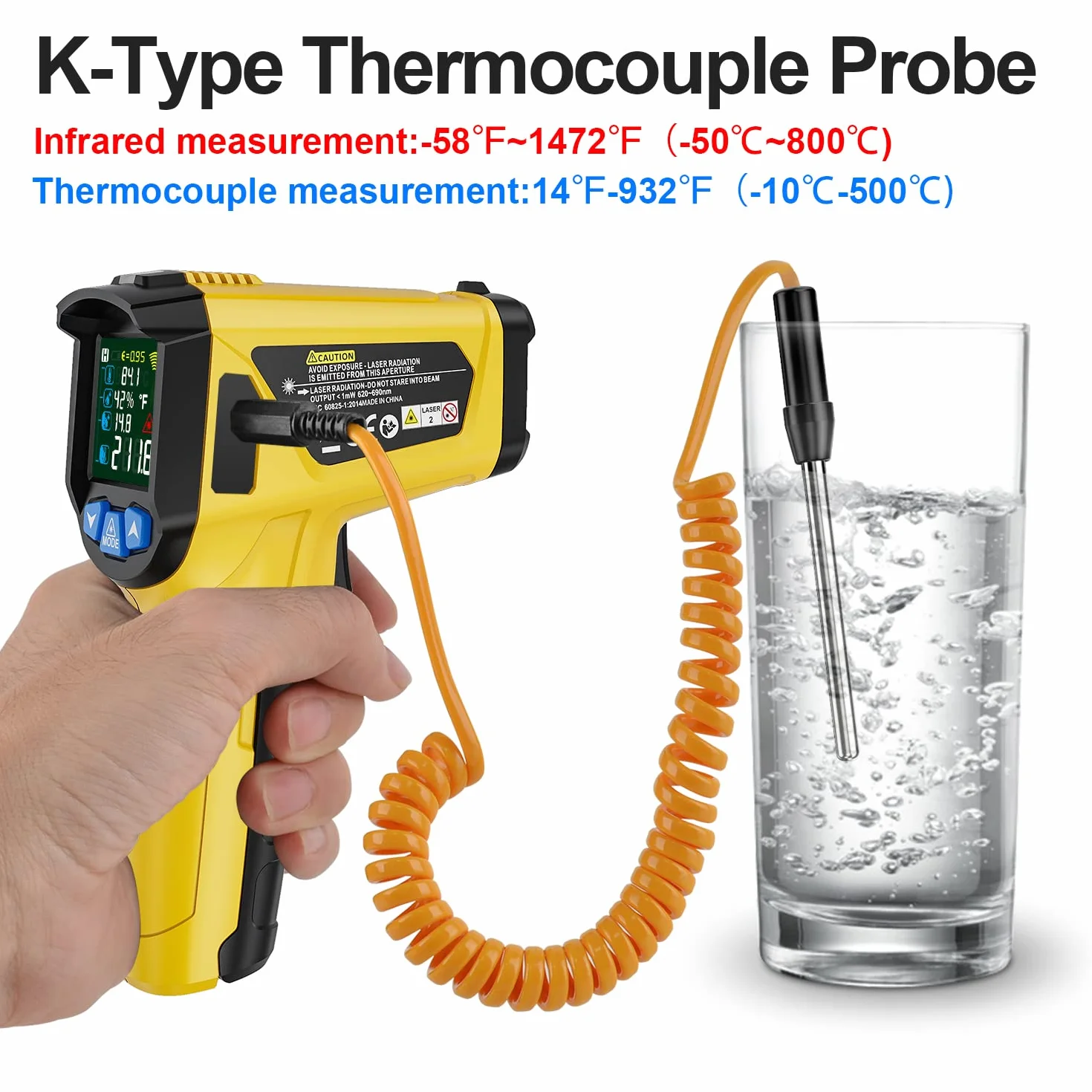MESTEK Termometr na Podczerwień Pistolet Cyfrowy Laserowy 50℃~800℃ z K-Sondą