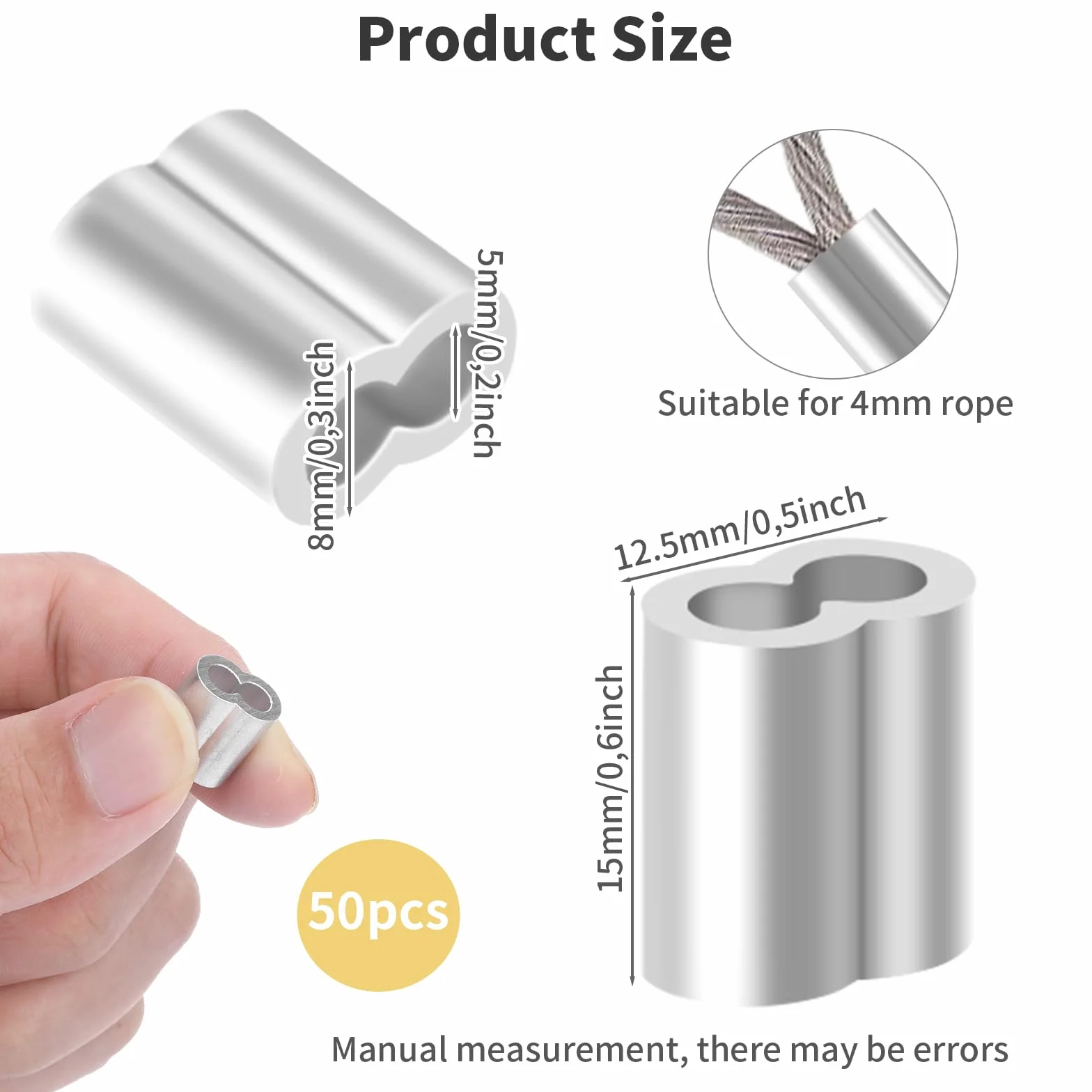 50 sztuk zacisków linowych 4 mm, tuleje aluminiowe, zaciski linowe, zaciski zaciskowe, tuleje zaciskowe, tuleje zaciskowe, tuleje zaciskowe do liny gumowej, 4 mm, lina ekspanderowa, linka druciana,