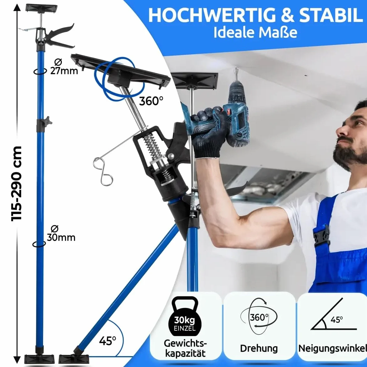 NTG podpora sufitowa jednoręczna | 115-290 cm | Do 30 kg | Kąt 45° | Do zastosowań w suchej budowie, modernizacji itp. | Podpora montażowa | Podpora sufitowa | Podpora teleskopowa | Podpora sufitowa