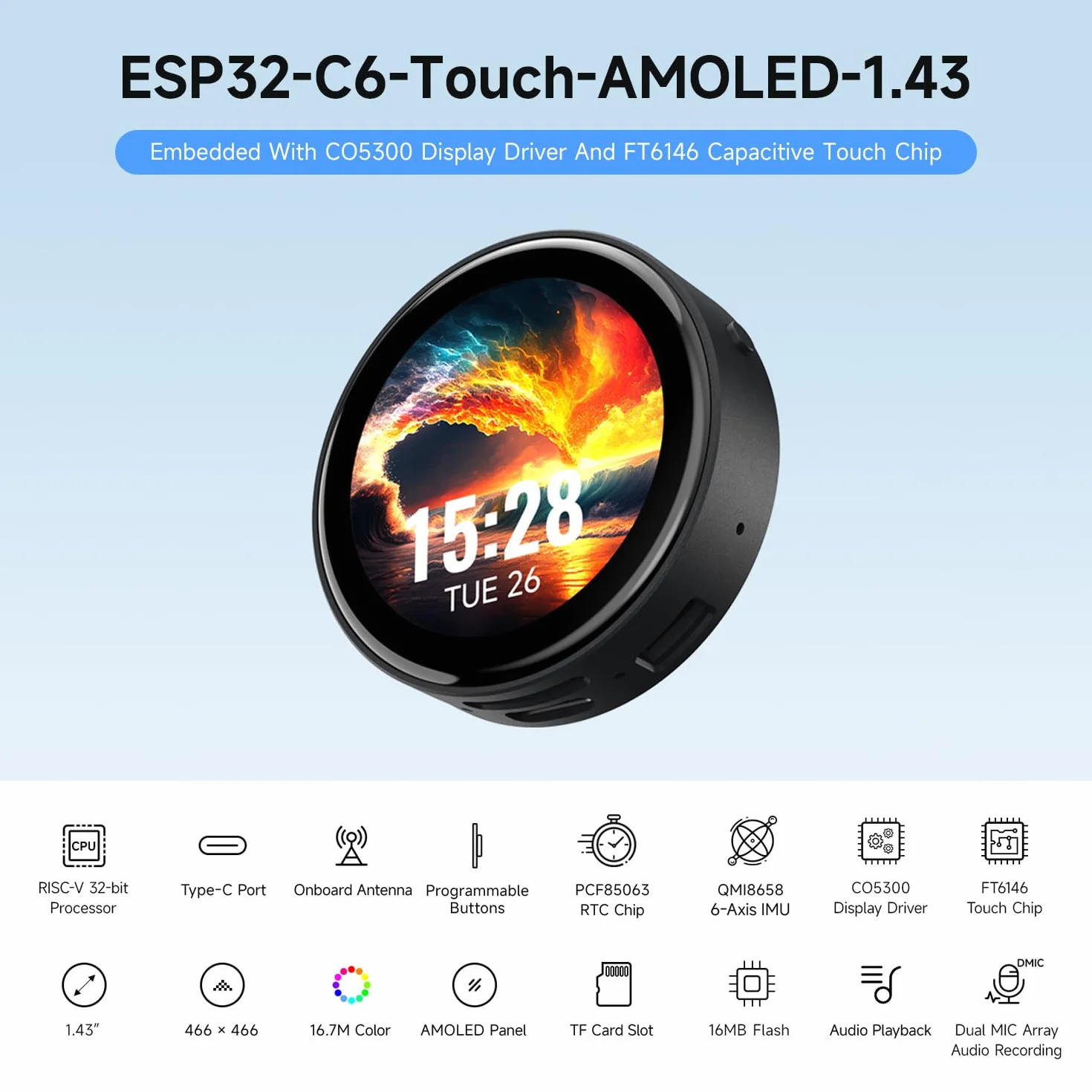Waveshare ESP32-C6 1.43inch AMOLED Round Touch Display Development Board 160MHz RISC-V 466x466