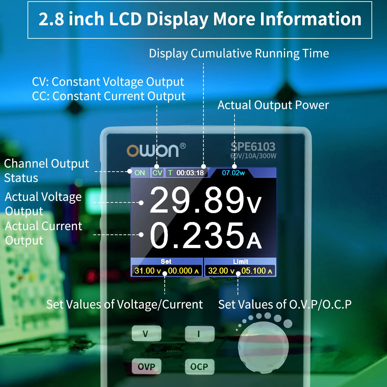 OWON SPE6103 Programowalny zasilacz laboratoryjny (0-60V 0-10 A), 300w Zasilacz stołowy DC 2,8-calowy wyświetlacz LCD, jednokanałowe wyjście z oprogramowaniem komputerowym i ładowaniem przez USB
