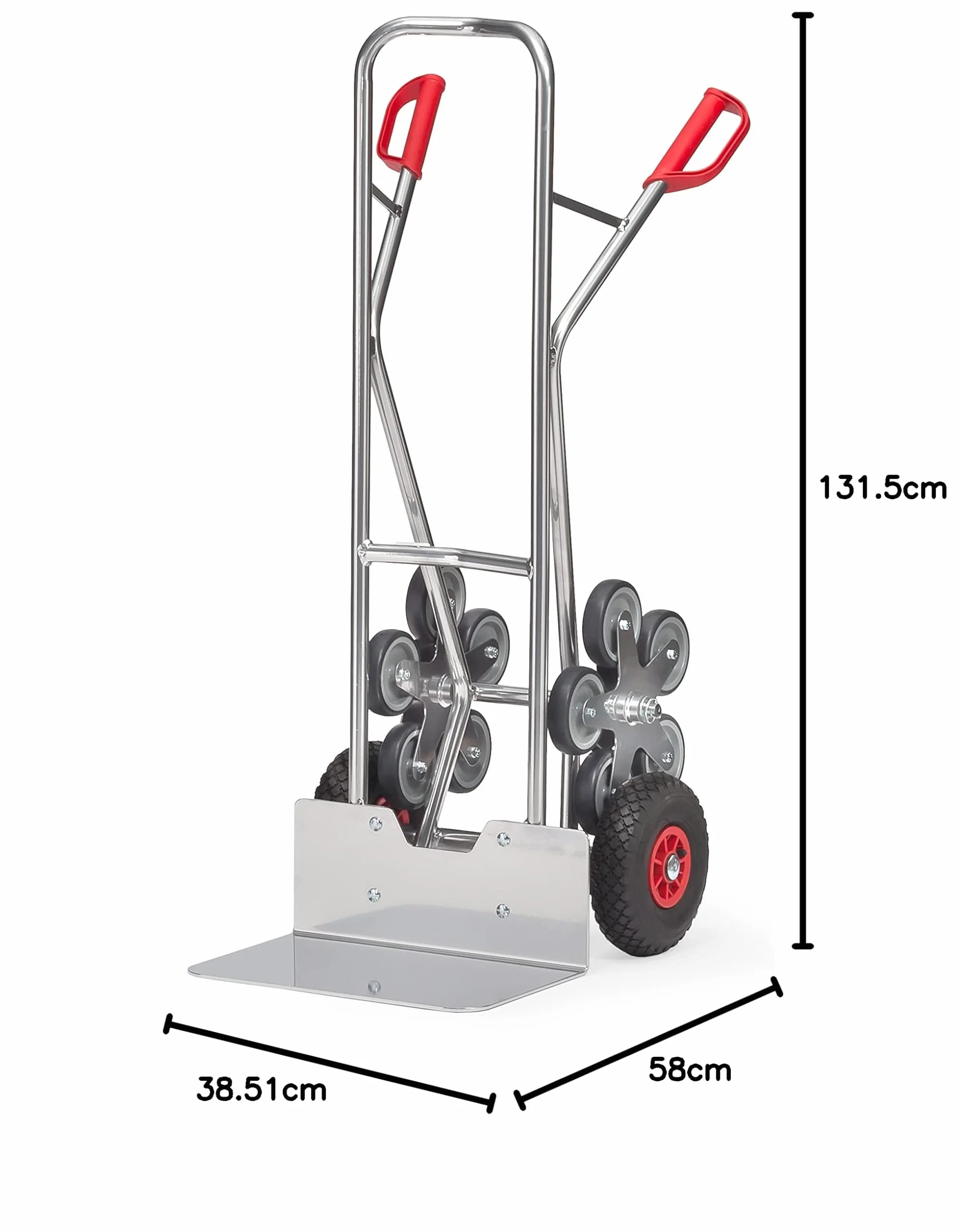 Fetra AK1328 wózek do transportu schodów, nośność 200 kg, szufla T 480 x 300 mm, z oponami pneumatycznymi 260 x 85 mm z 2 pięcioramiennymi gwiazdami, wys. x szer. 1300 x 590 mm, aluminium