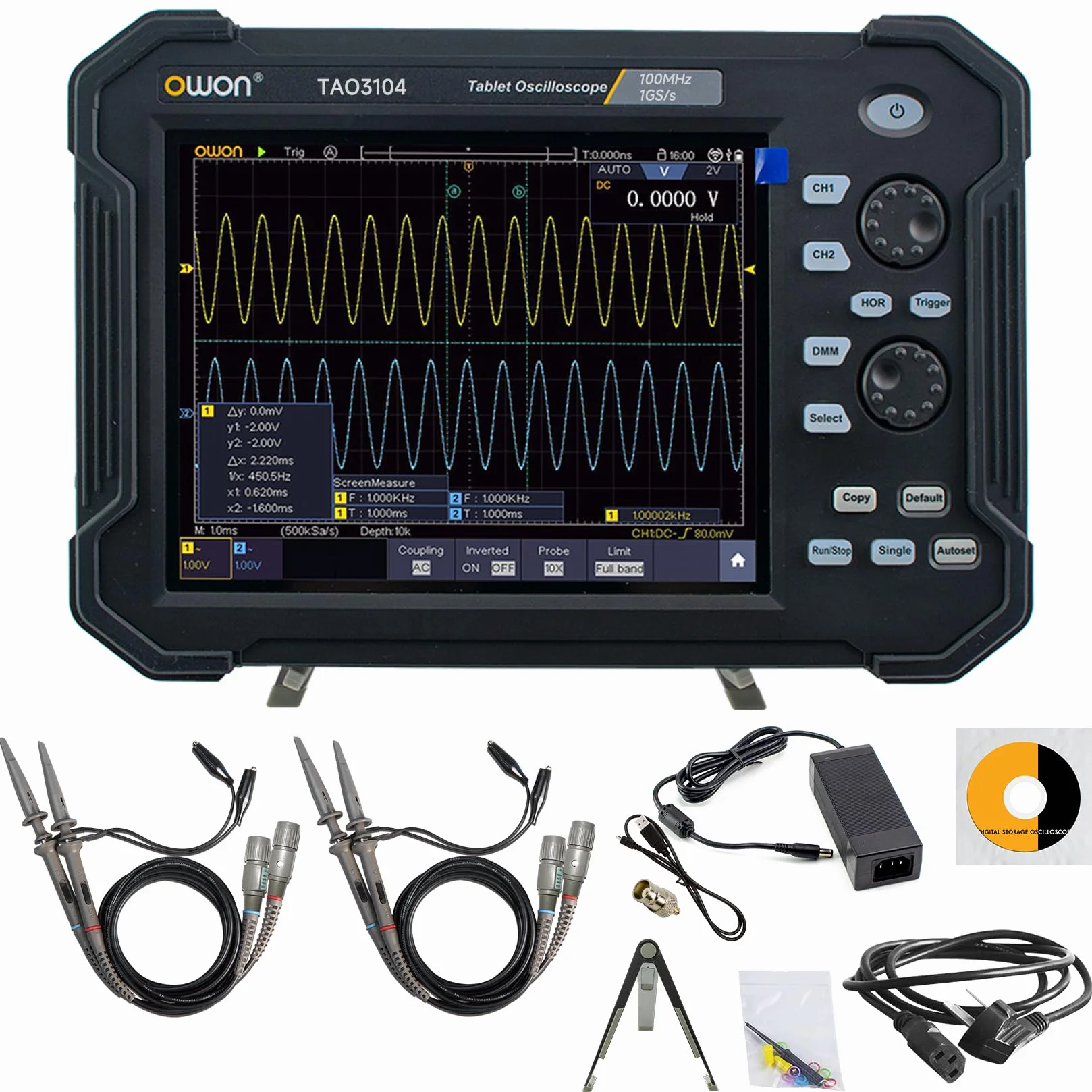 OWON TAO3104 4-kanałowy 8-calowy ręczny oscyloskop cyfrowy o szerokości pasma 100 MHz i częstotliwości próbkowania 1GS/s, 8-bitowy o wysokiej rozdzielczości