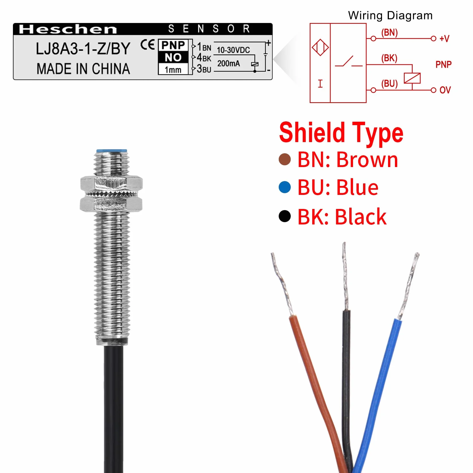 Heschen M8 indukcyjny czujnik zbliżeniowy Przełącznik Typ osłony LJ8A3-1-Z/BY detektor 1mm 10-30VDC 200mA PNP normalnie otwarty (NO) 3 przewody
