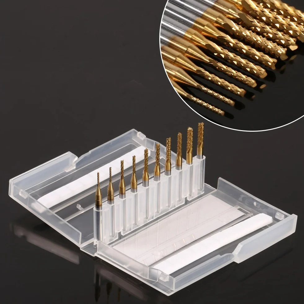 Frez trzpieniowy z węglika spiekanego, 10-częściowy frez trzpieniowy powlekany tytanem, narzędzia frezujące CNC z twardego metalu – 1,0 – 3,0 mm