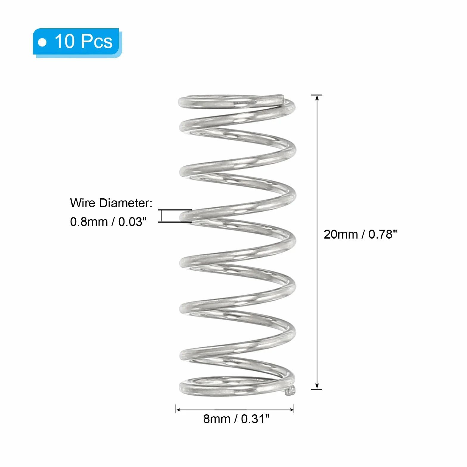 PATIKIL Sprężyna naciskowa, średnica drutu 0,8 mm x średnica zewnętrzna 8 mm x 20 mm dł., 10 szt. 304 stal nierdzewna Mechaniczna sprężyna rozciągana, małe sprężyny do ołówków Zestaw asortymentu do