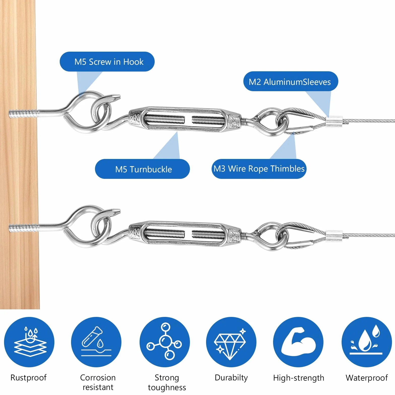 Zestaw drutów ze stali nierdzewnej 15 m / 2 mm, wytrzymały drut ogrodowy do roślin pnących, metalowy kabel z napinaczem obrotowym, klipsy, do ogrodzenia ogrodowego, oświetlenie wiszące