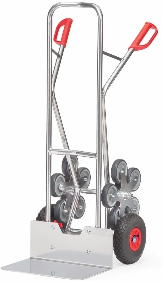 Fetra AK1328 wózek do transportu schodów, nośność 200 kg, szufla T 480 x 300 mm, z oponami pneumatycznymi 260 x 85 mm z 2 pięcioramiennymi gwiazdami, wys. x szer. 1300 x 590 mm, aluminium