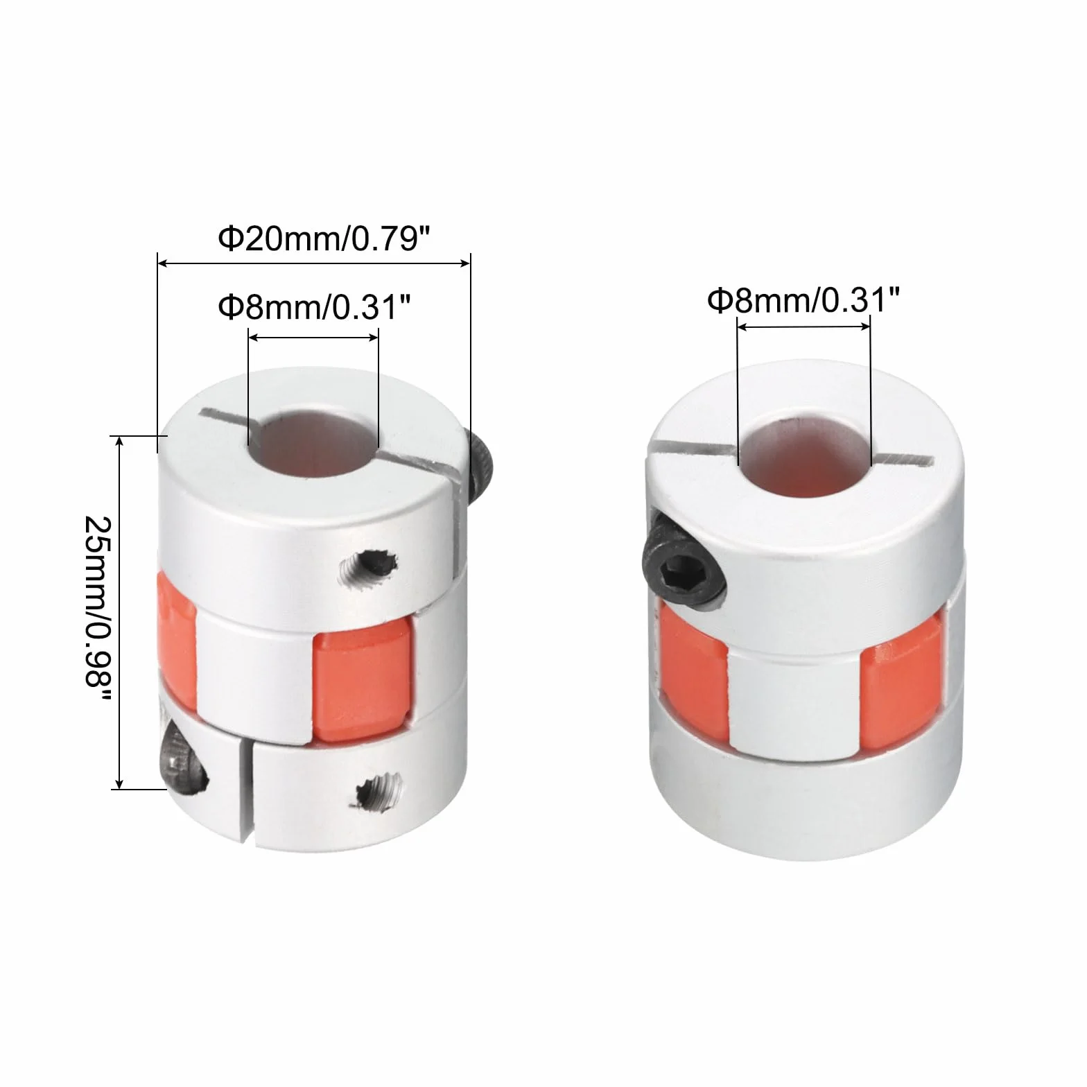 QUARKZMAN Aluminiowe złącze wału śliwkowego 8 mm do 8 mm otwór L25xD20 elastyczne sprzęgło przegubowe do maszyny i serwo silnik krokowy zestaw 1 szt